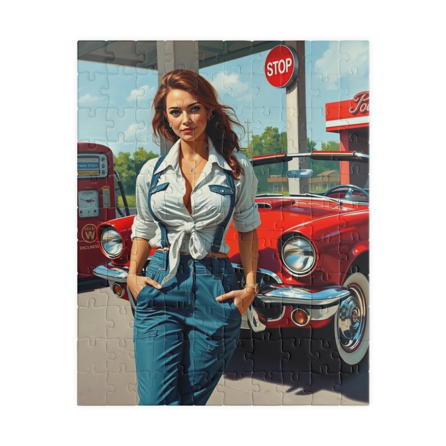 Puzzle, Vintage Mechanic Woman and Red Convertible, Jigsaw Game for Adults, Classic Car Puzzle, Retro Gas Station Image, Brain Teaser Gift 110 pcs (Vertical) Puzzle The Puzzle Chest