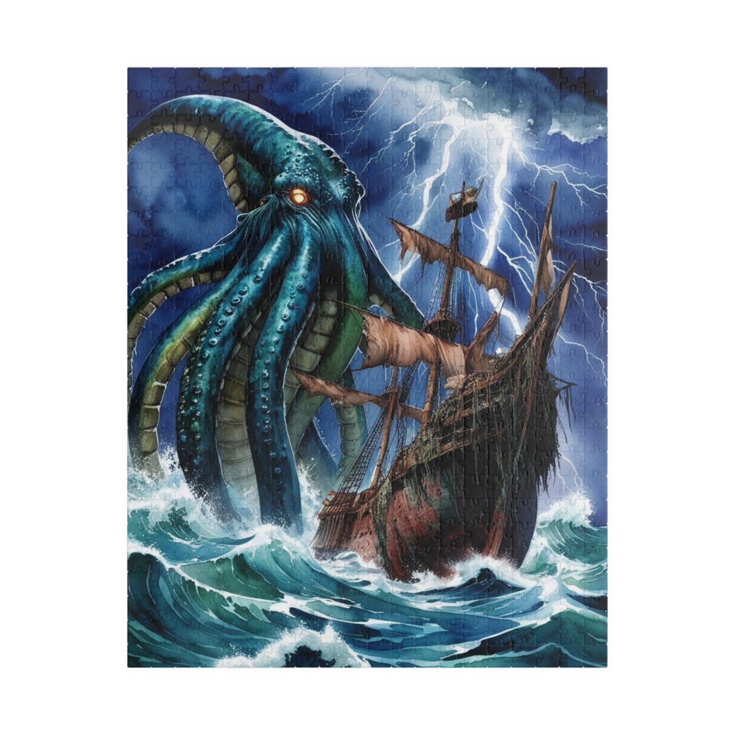 Kraken Puzzle, Mythical Creature Colossal Sea Monster Jigsaw, Pirate Ship Stormy Ocean Theme Tabletop Game for Adult Entertainment, Hobby