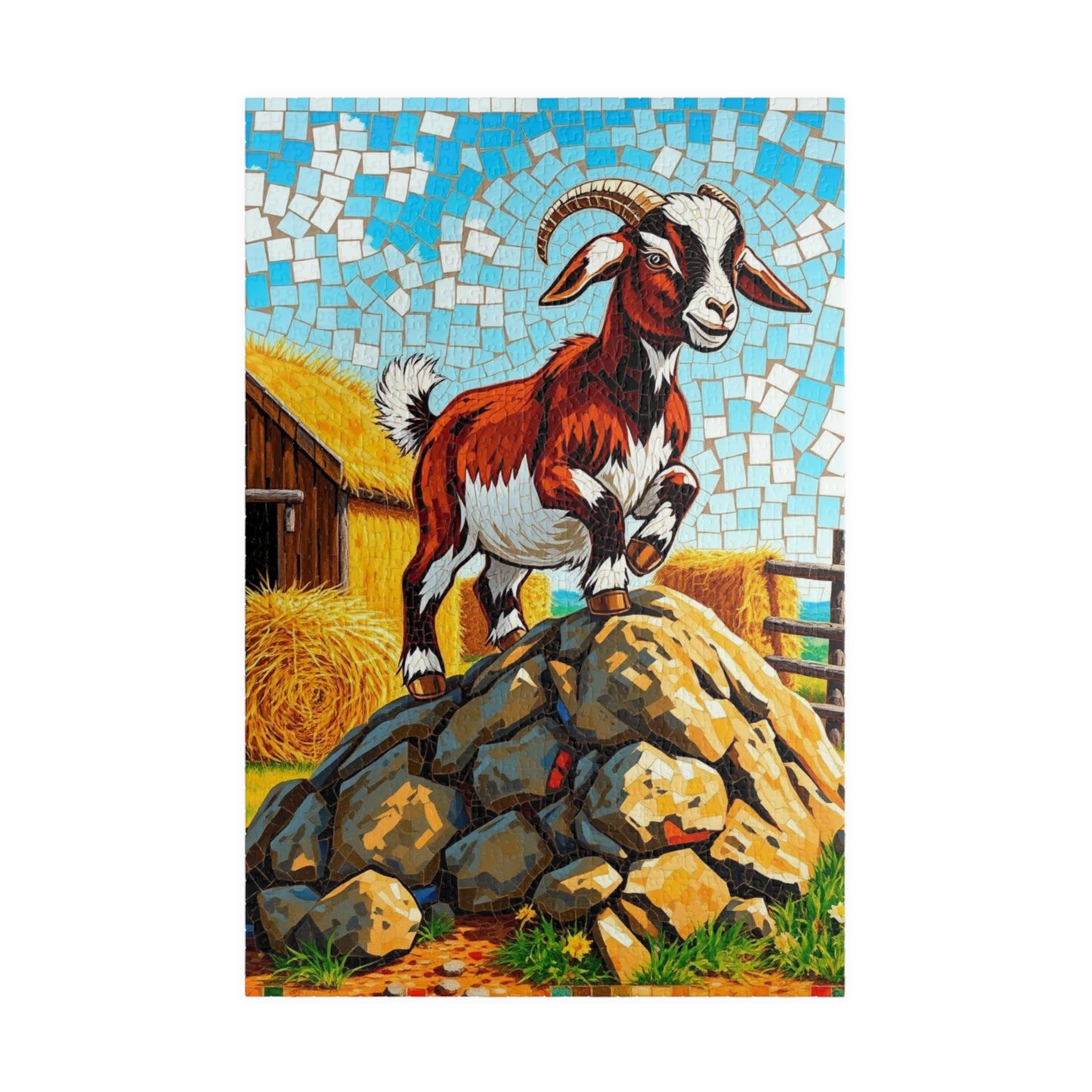 Playful Goat Mosaic Puzzle, Goat on Rocky Hill, Sunny Farm Scene Jigsaw Game for Adults, Family Activity, Mindful Puzzle Lover Gift 1014 pcs (Vertical) Puzzle The Puzzle Chest