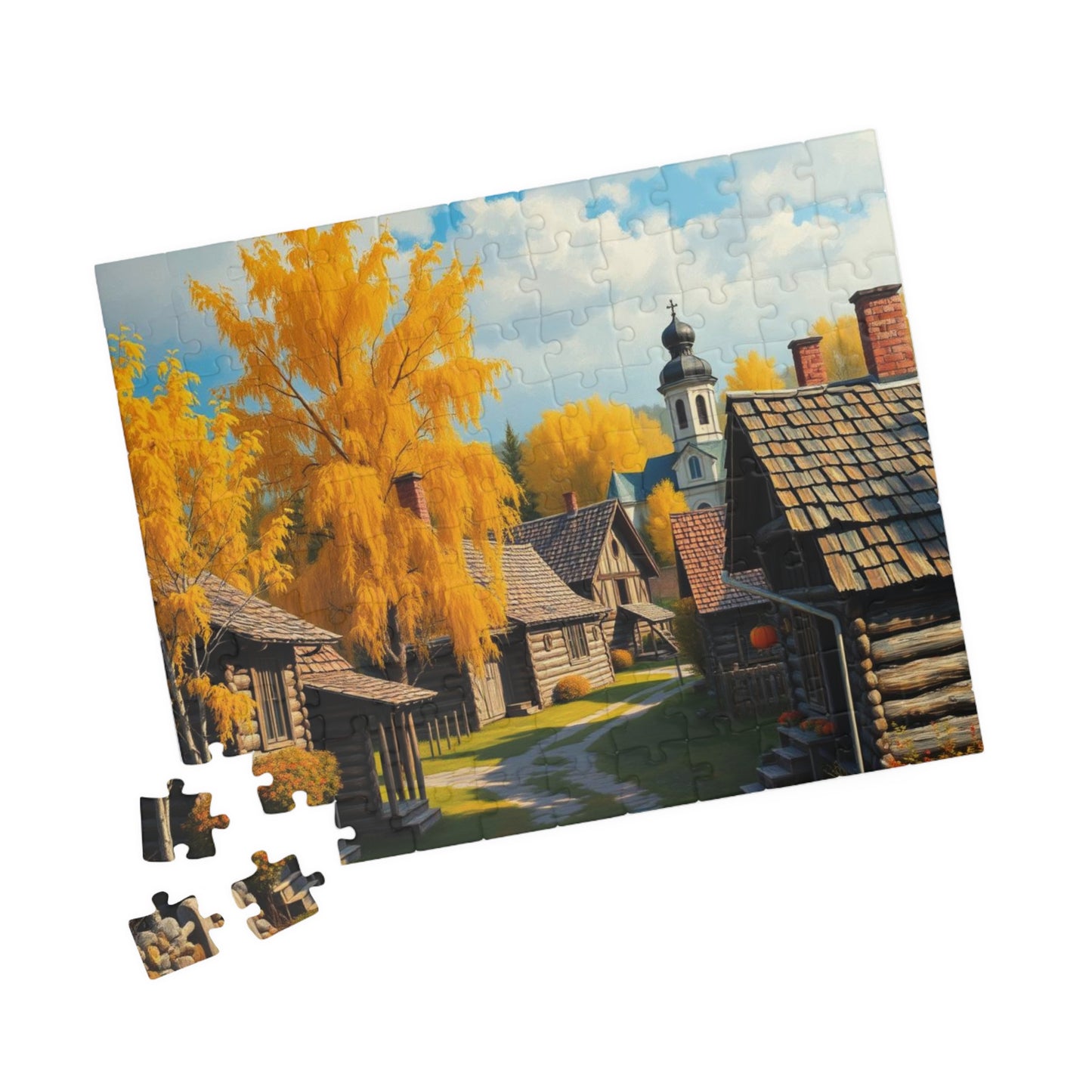 Rustic Slavic Village Jigsaw Puzzle for Adults, Autumn Wooden Cottages Golden Birch Trees, Gift for Friends, Family Activity, Creative Hobby Puzzle The Puzzle Chest