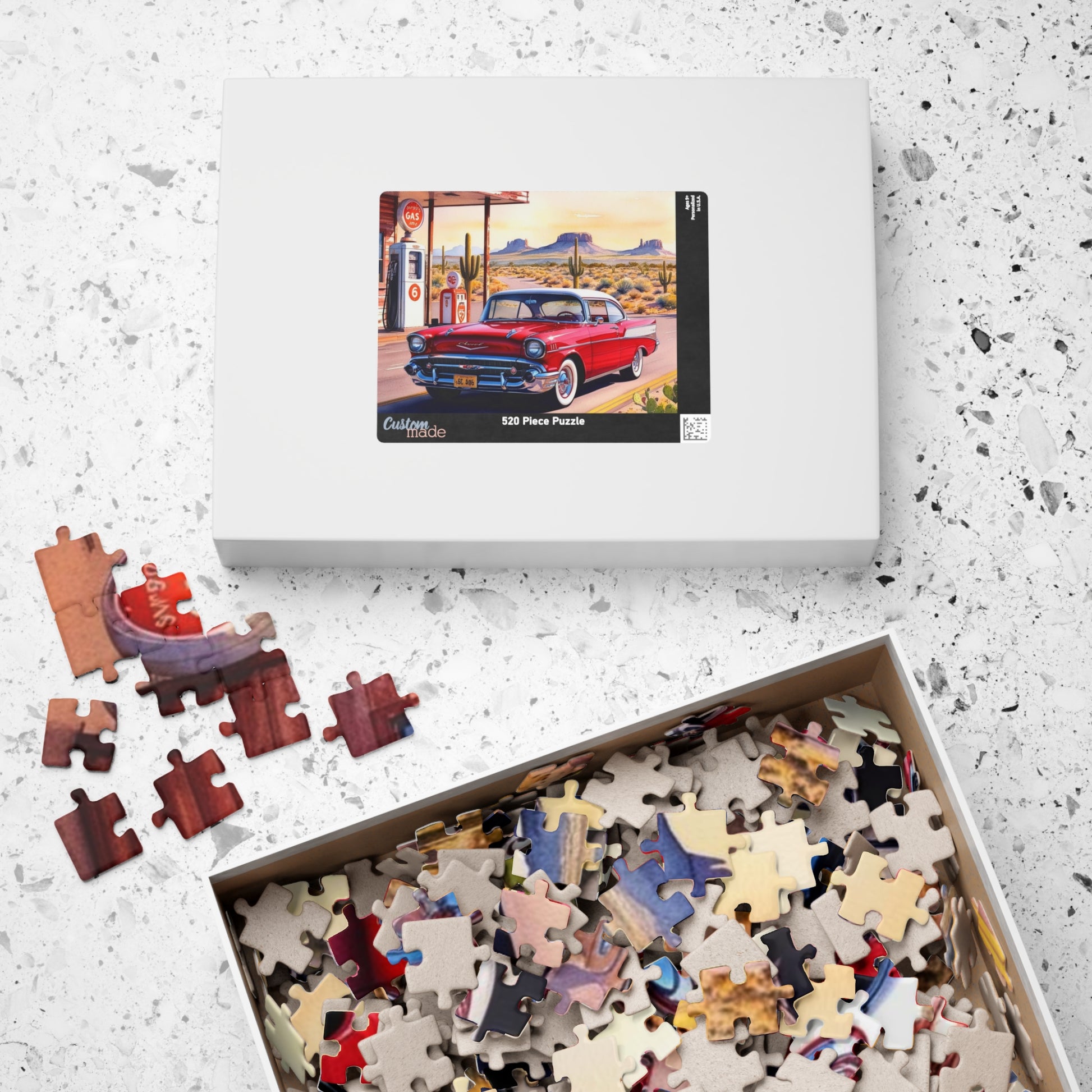 Vintage Vehicle Puzzle, 1957 Bel Air on Route 66 Retro Gas Station Desert Landscape Scenery Puzzle The Puzzle Chest