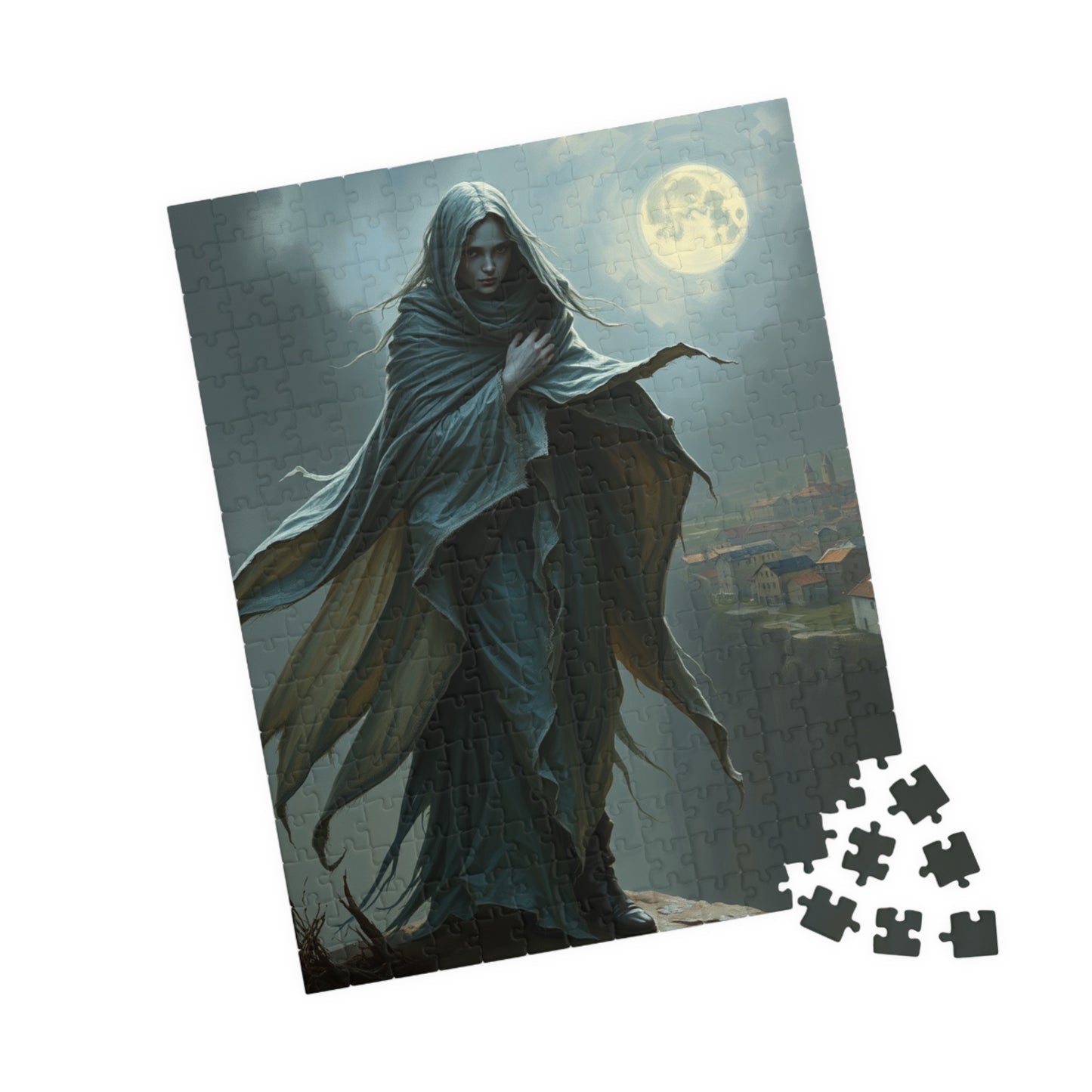Gothic Puzzle, Banshee Design 110-1014 Piece Jigsaw, Moonlit Village Windswept Cliff Silver Gray Shroud, Unique Gift Idea, Relaxing Activity Puzzle The Puzzle Chest