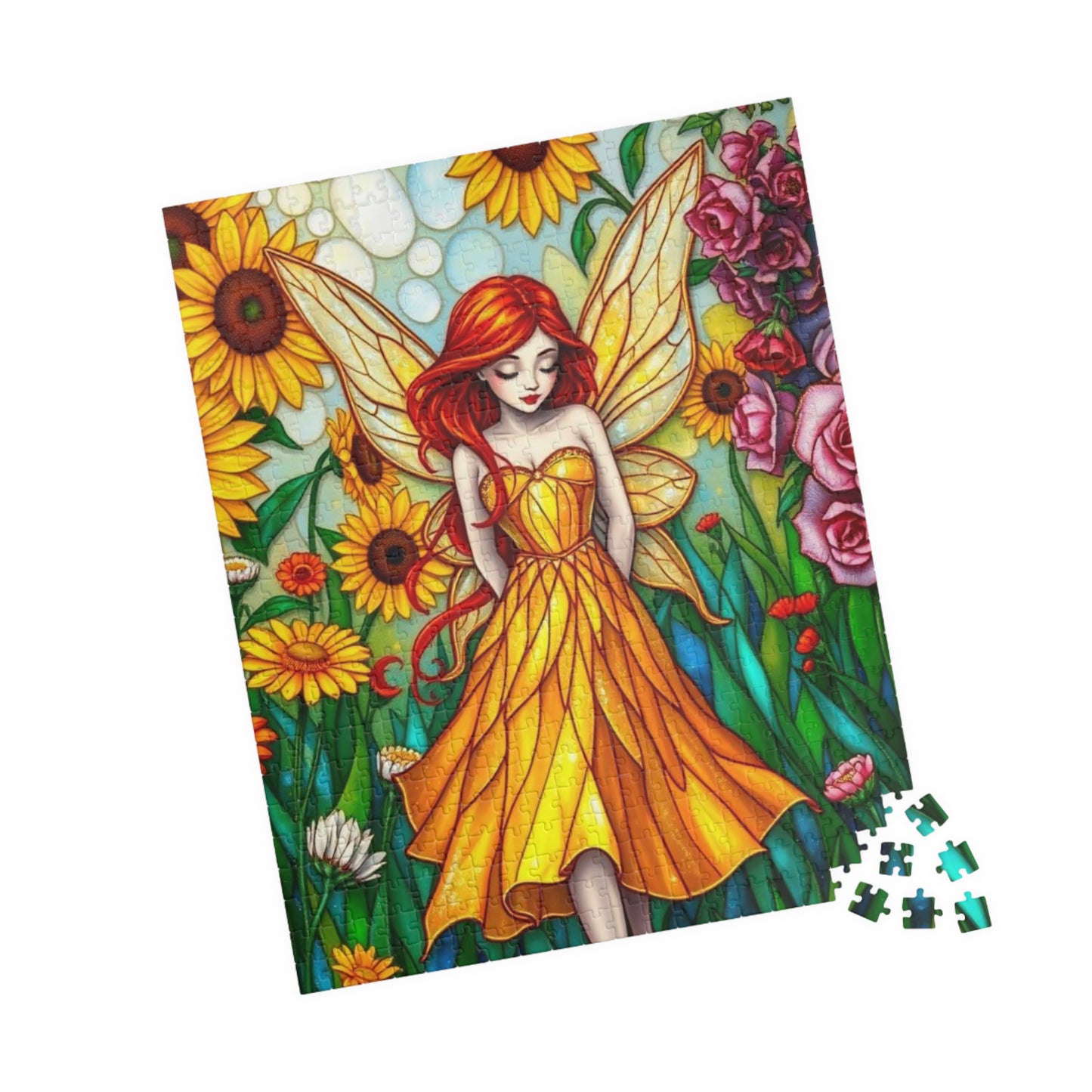 Fairy Sunflower Jigsaw Puzzle - Stained Glass Style, 110/252/520/1014-Piece, Hobby Game, Gift for Fantasy Lover Birthday Holiday