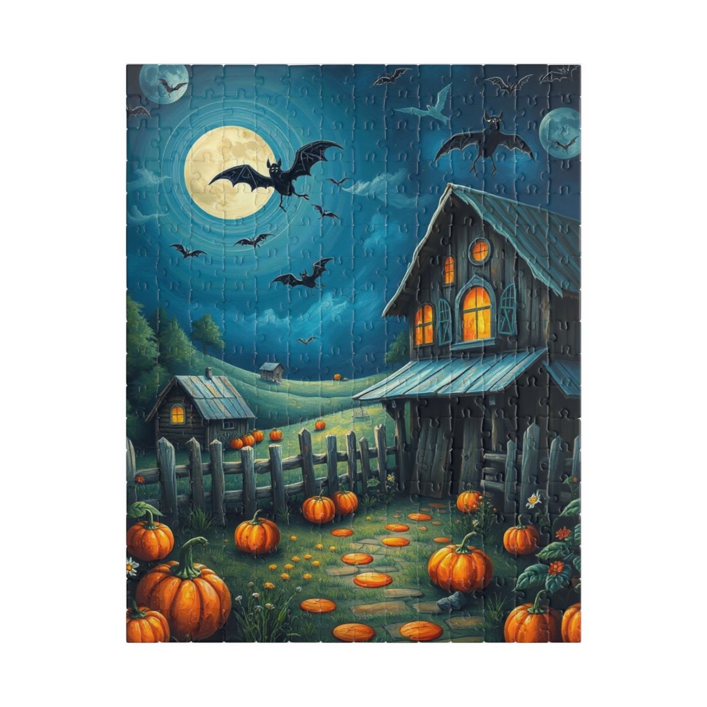 Moonlight Barn Halloween Puzzle, Spooky Night Scene 110 252 520-Piece Jigsaw Perfect Birthday Gift for Puzzle Lover, Fall Decor, Family Fun