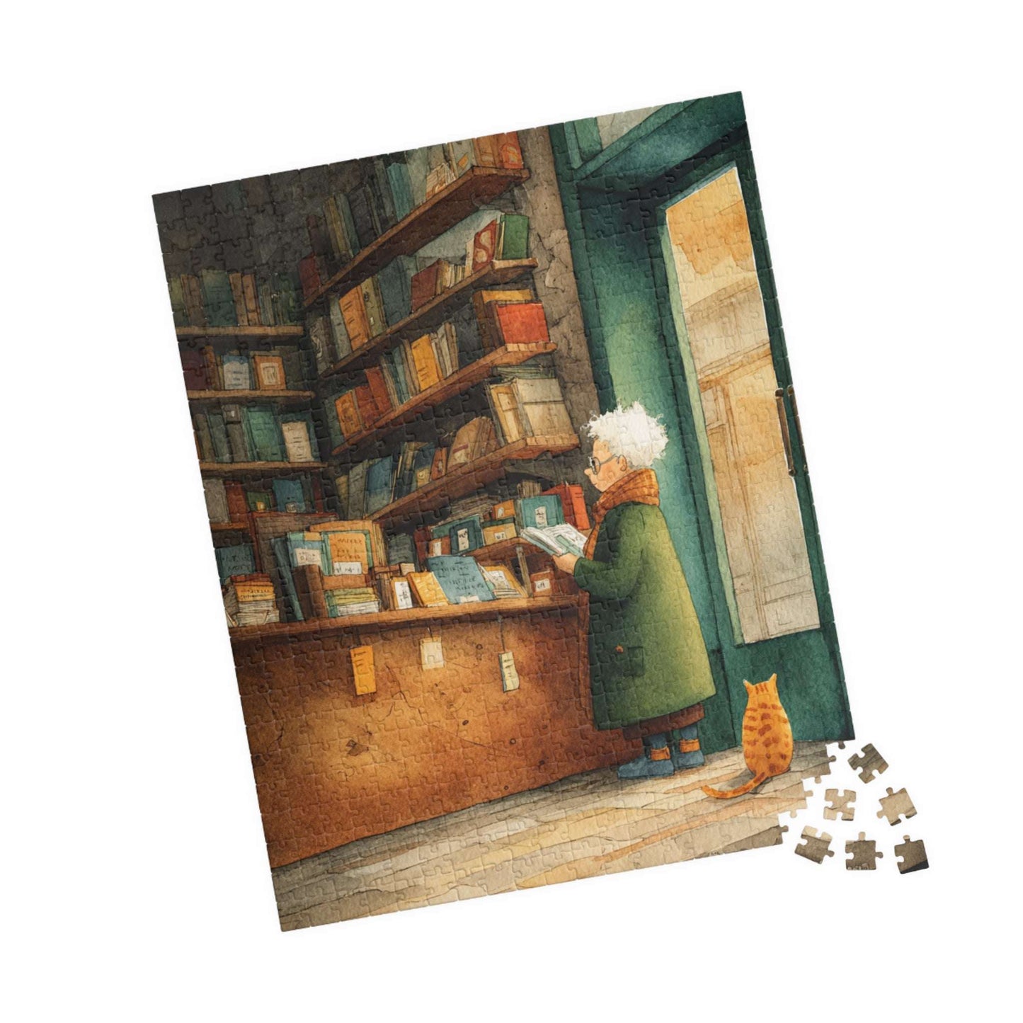 Golden Hour at the Book Nook - Cozy Bookstore Jigsaw Puzzle, Vintage Cartoon Illustration, Cat Lover, Holiday Birthday Gift for All Ages 520 pcs (Vertical) Puzzle The Puzzle Chest