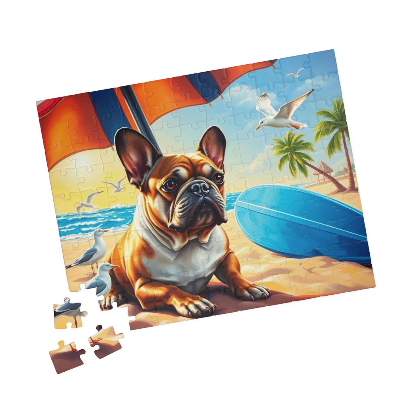 Beach Dog Puzzle - French Bulldog Jigsaw Game for Adults, Animal Lover Gift for Friend, Family Game Night, Brain Teaser, Relaxation Activity
