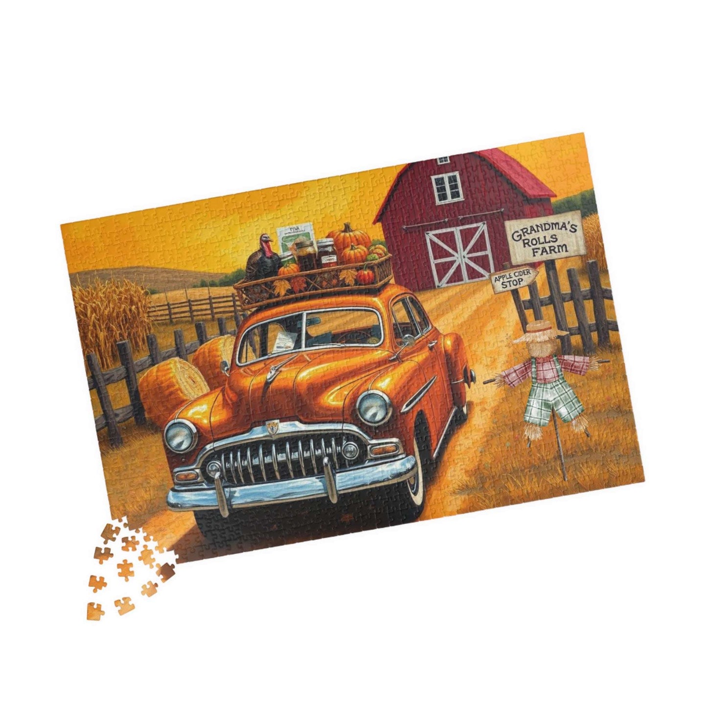 Autumn Farm Vintage Car Puzzle - 110, 252, 520, 1014-piece, Family Game, Fall Holiday Birthday Gift for Car Lovers, Puzzle Enthusiasts