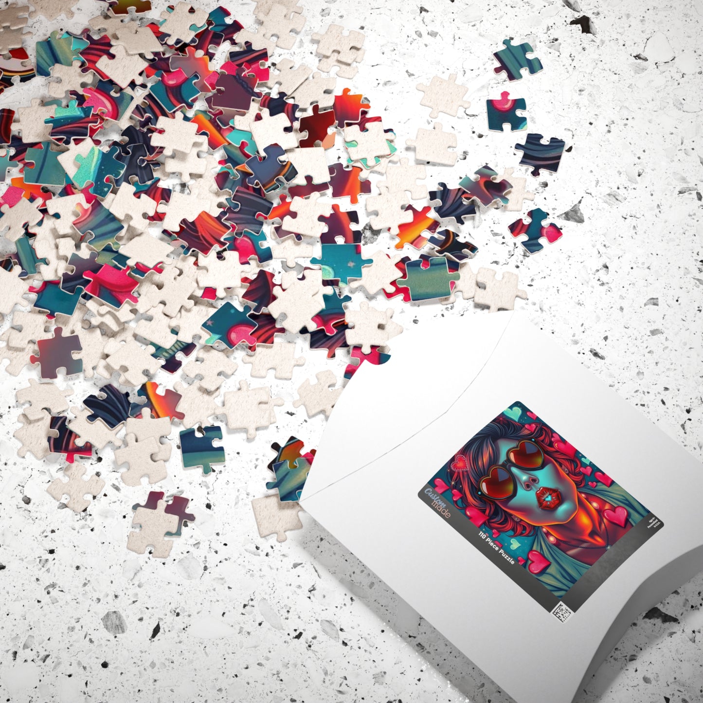 Hearts and Kisses Jigsaw Puzzle, Woman Blowing a Kiss, Comic Pop Art Nostalgic Game for Fun Gathering, Gift for Puzzle Lover, Family Night
