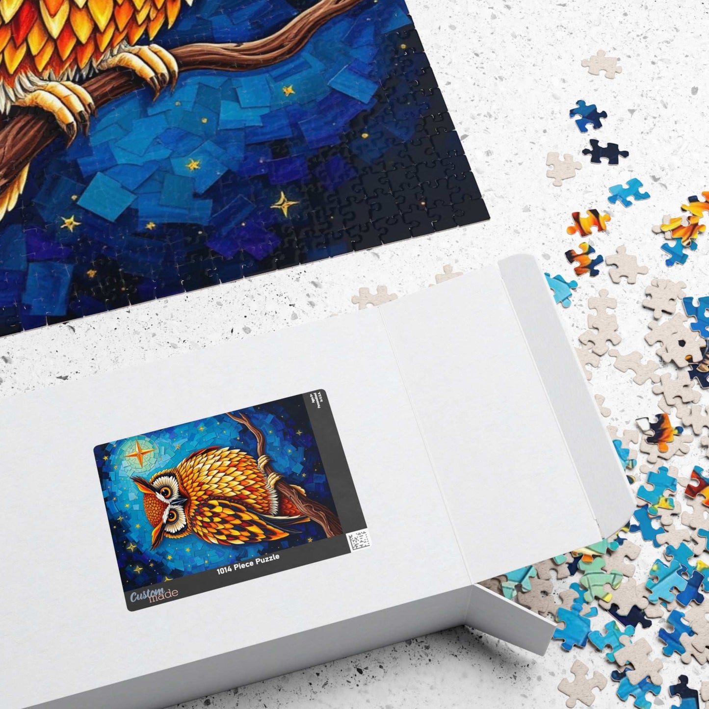 Mosaic Wise Owl Jigsaw Puzzle, Hooter Night Bird Perched on Tree Branch, Starry Sky Background, 110-1014 Piece, Animal Lover Gift, Mindful Puzzle The Puzzle Chest