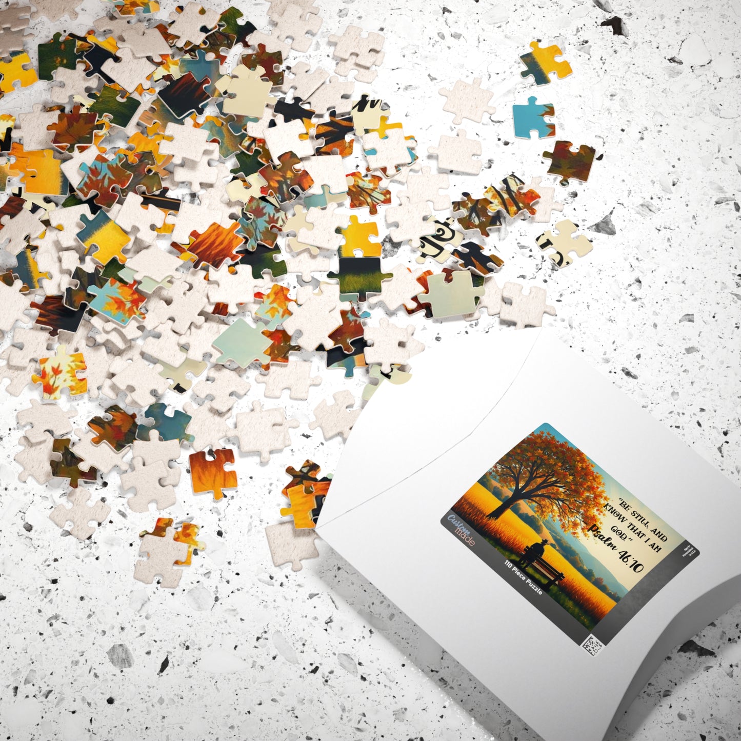 Faith and Stillness Jigsaw Puzzle – Serene Fall Landscape with Wheat Field and Bench, Bible Verse Psalm 46:10, Inspirational Gift for Friends Puzzle The Puzzle Chest