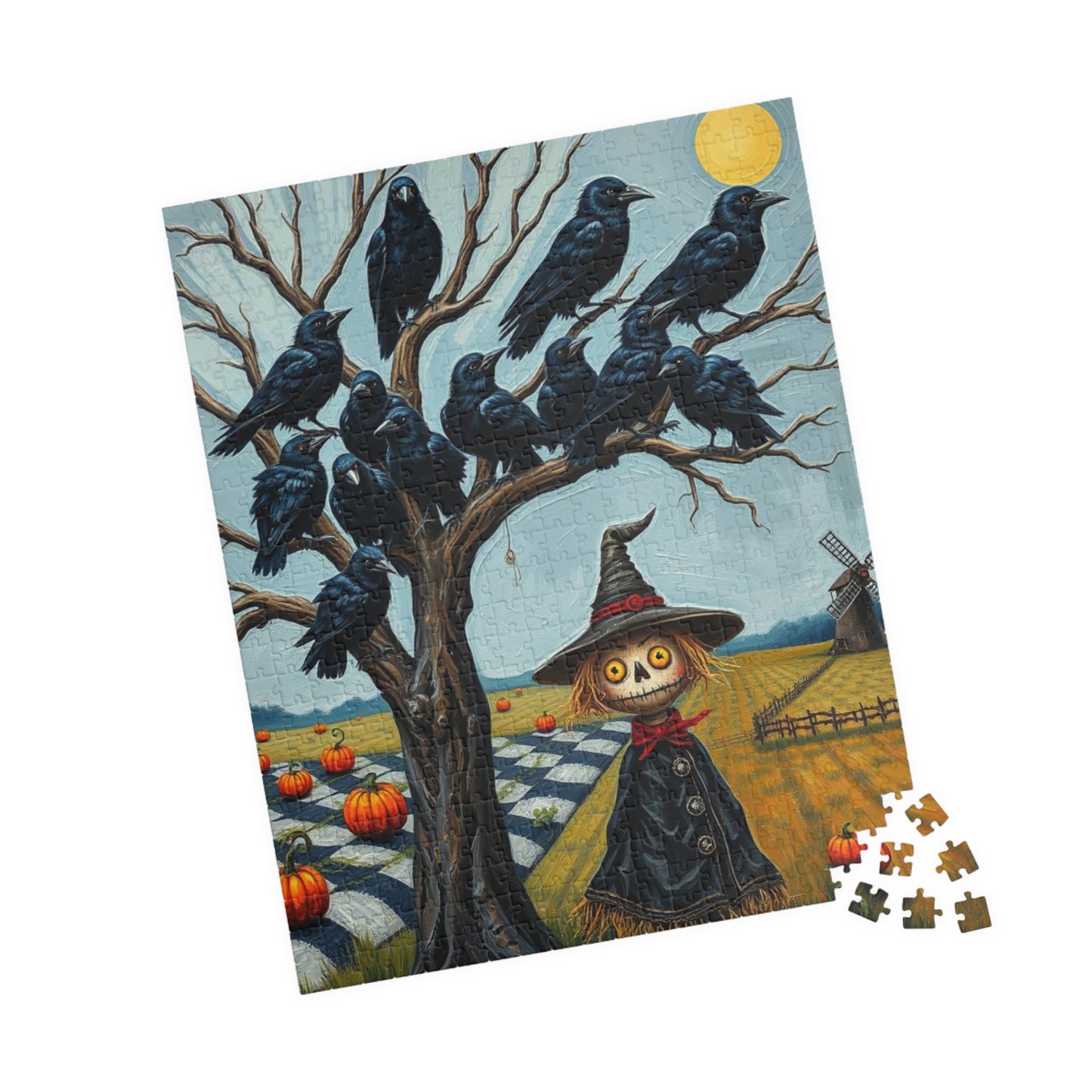 Feathered Frenzy Jigsaw Puzzle - Scarecrow and Crows, Halloween Fun Family or Solo Activity, Fall Holiday Birthday Gift for Puzzle Lover