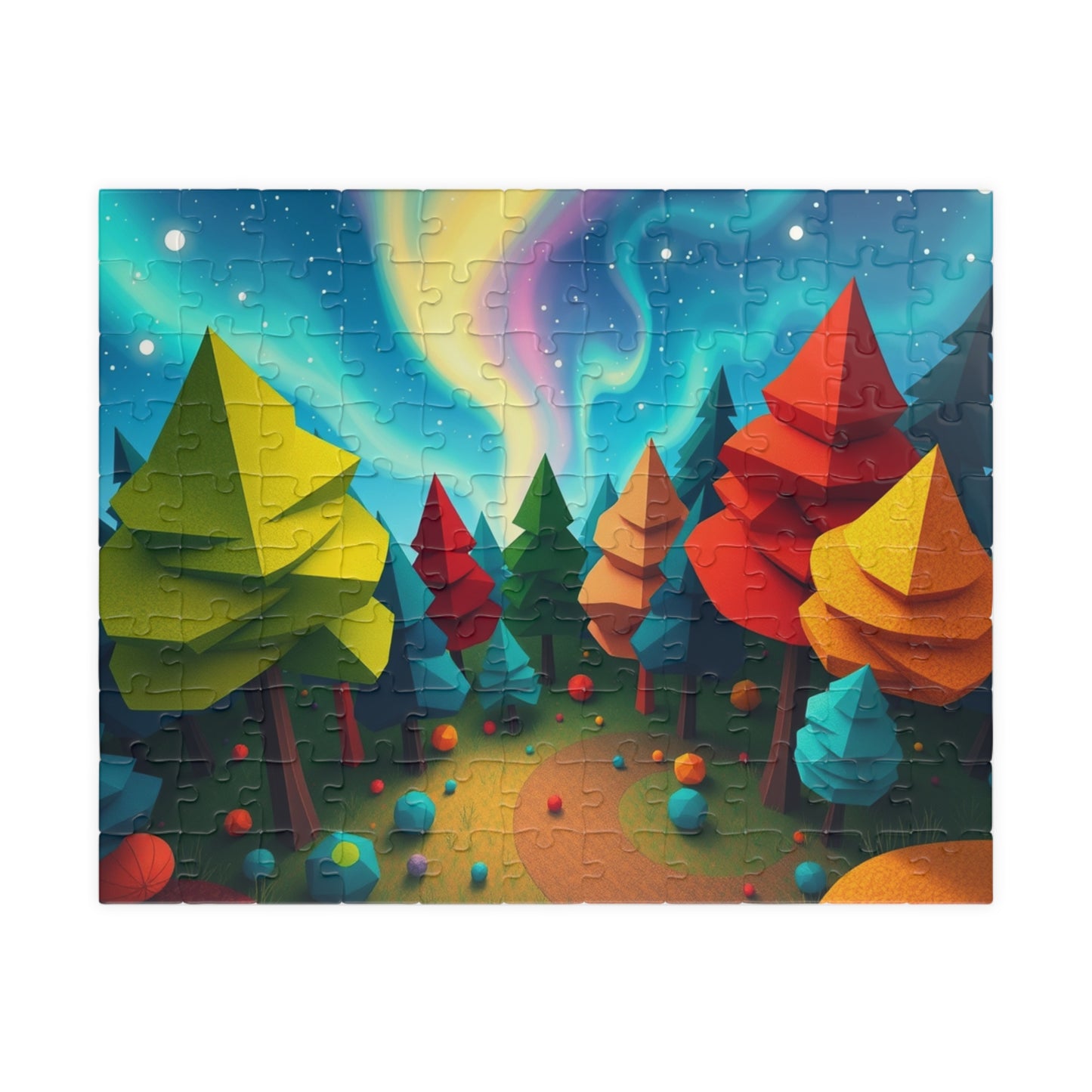 Abstract Landscape Jigsaw Puzzle, Magical Forest with Geometric Trees Aurora Sky, Challenging Game for Mental Exercise, Puzzle Lover Gift 110 pcs (Horizontal) Puzzle The Puzzle Chest