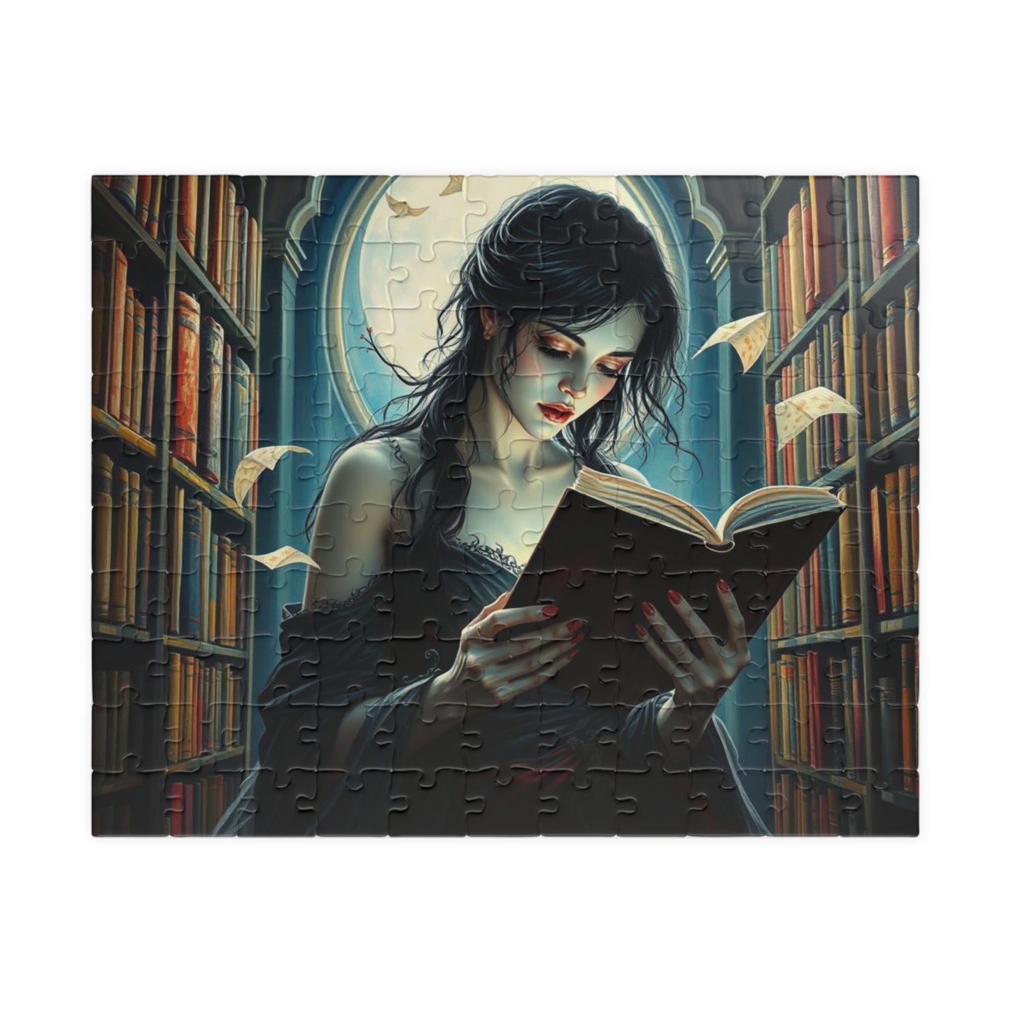 The Poet's Muse Jigsaw Puzzle, Spectral Woman Reading in Library, Gothic Puzzle, Dark Fantasy Puzzle, Mystical Book Lover Gift for Friend 110 pcs (Horizontal) Puzzle The Puzzle Chest
