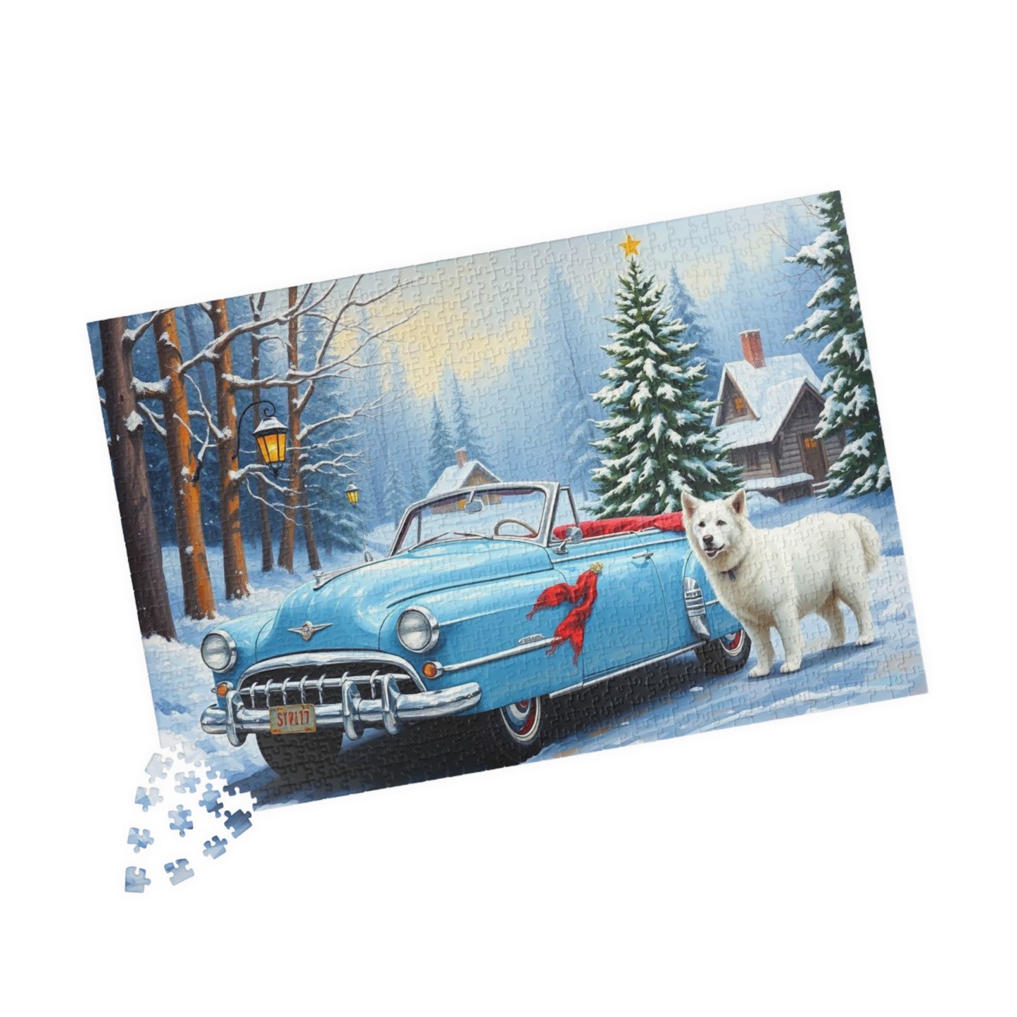 Evergreen Lane Jigsaw Puzzle - Vintage Car and Dog Scene, Holiday Gift for Friends, Family Activity, Christmas Cozy Indoor Fun Art Piece Puzzle The Puzzle Chest