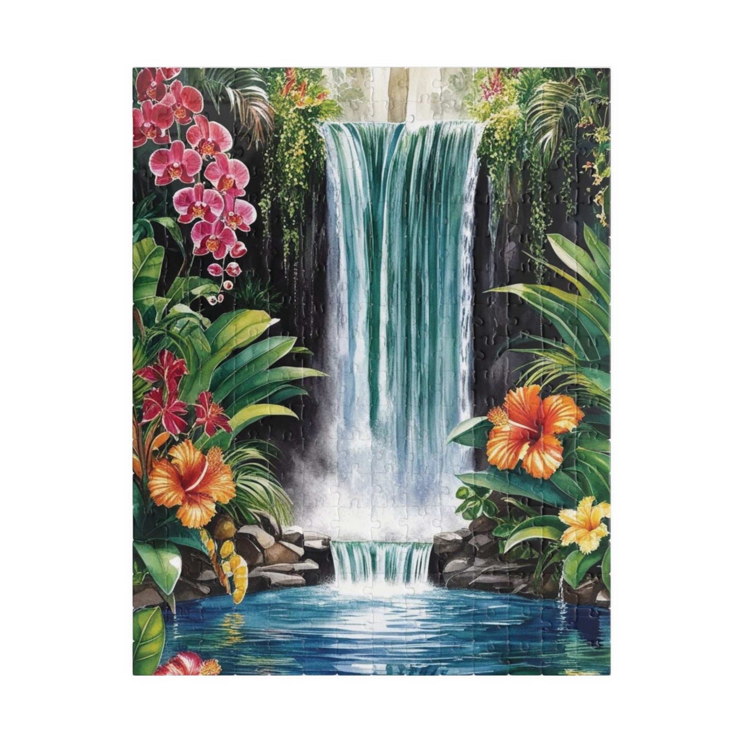 Tropical Waterfall Puzzle, Exotic Flowers Jigsaw Game Night Family Activity, Jungle Landscape Scene, Relaxing Brain Teaser for Puzzle Lover 252 pcs (Vertical) Puzzle The Puzzle Chest