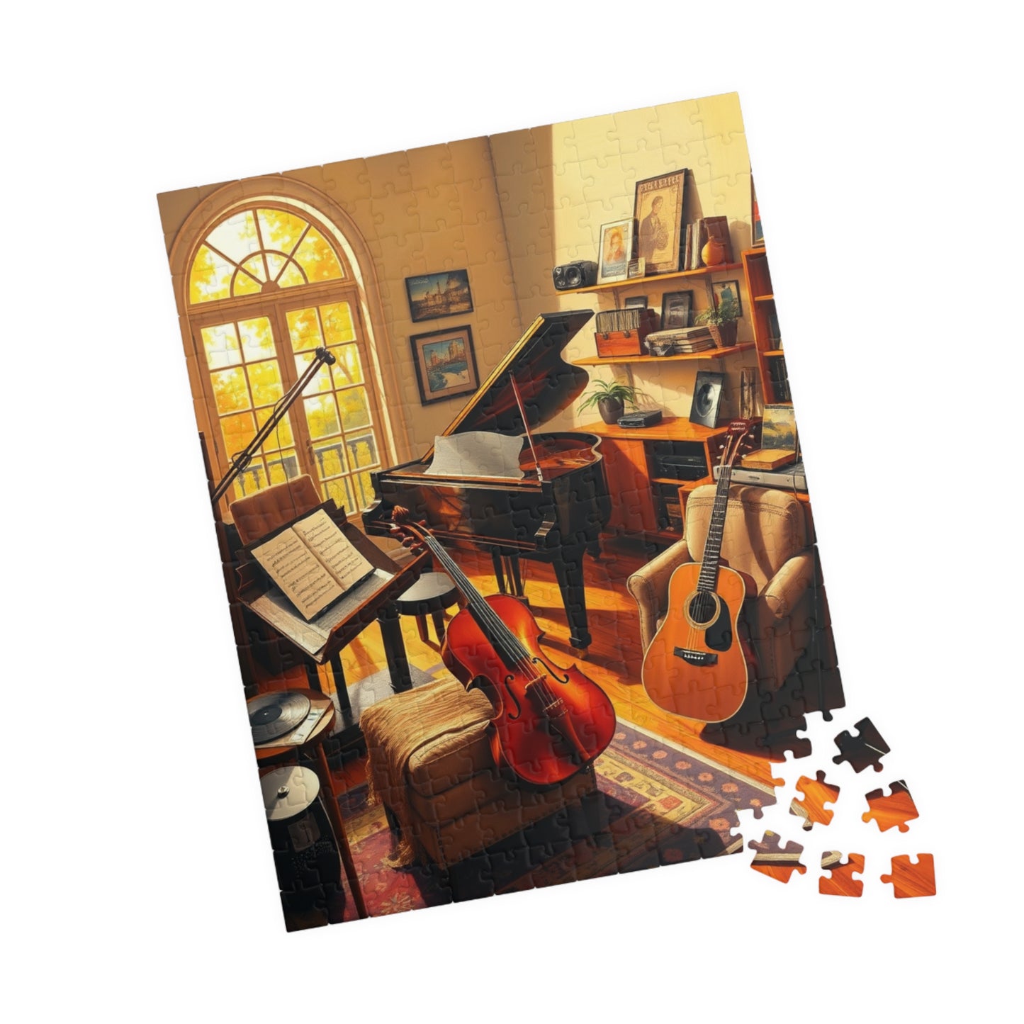Music Room Puzzle, Grand Piano Violin Guitar and Record Player, Cozy Artistic Studio Musical Retreat Adult Jigsaw Game, Puzzle Lover Gift