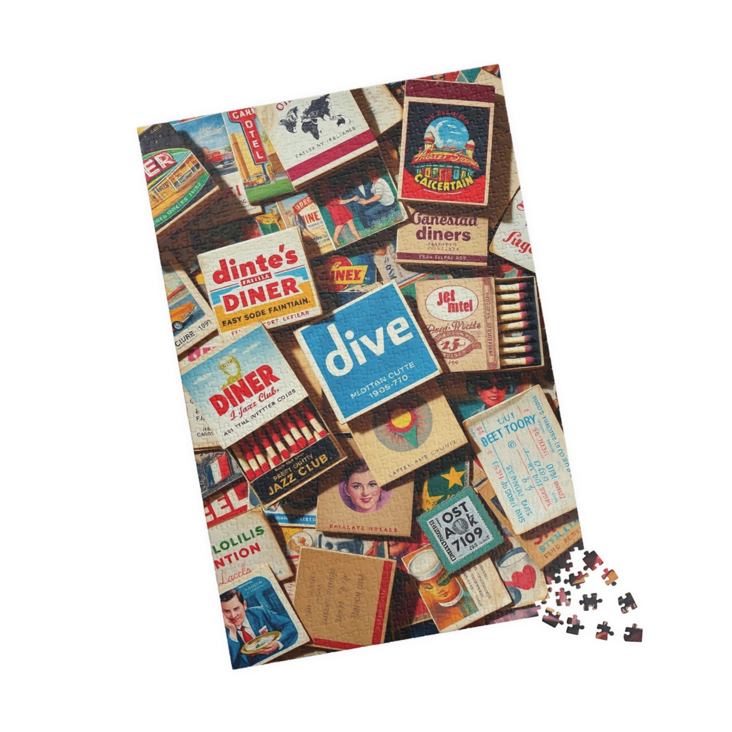 Vintage Matchbook Collage Jigsaw Puzzle, Retro Americana Memorabilia, Old Matchboxes Postcards and Receipts, Mid-Century Diner Motel Designs Puzzle The Puzzle Chest