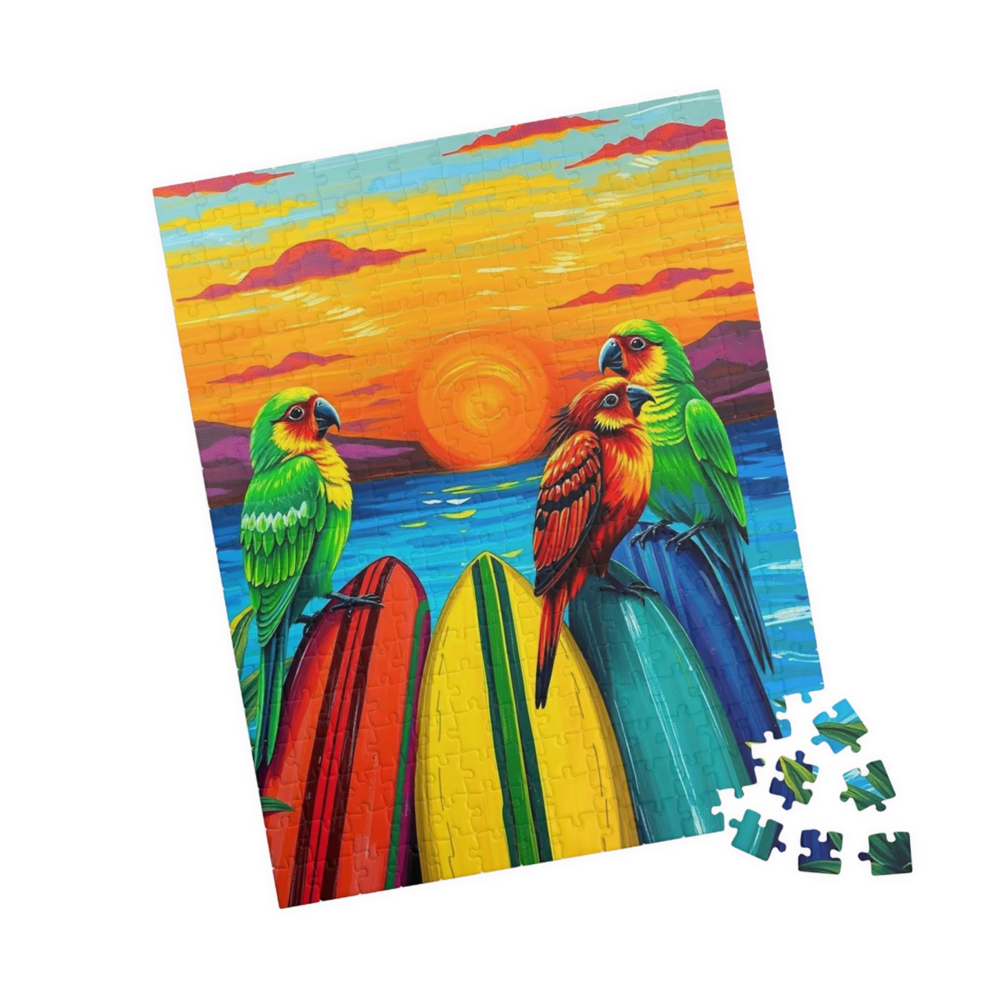 Colorful Surfing Parrots Puzzle, Vibrant Tropical Art Puzzle, Fun Family Activity, Best Gift for Nature Enthusiast, Bird Lover, Birdwatcher Puzzle The Puzzle Chest