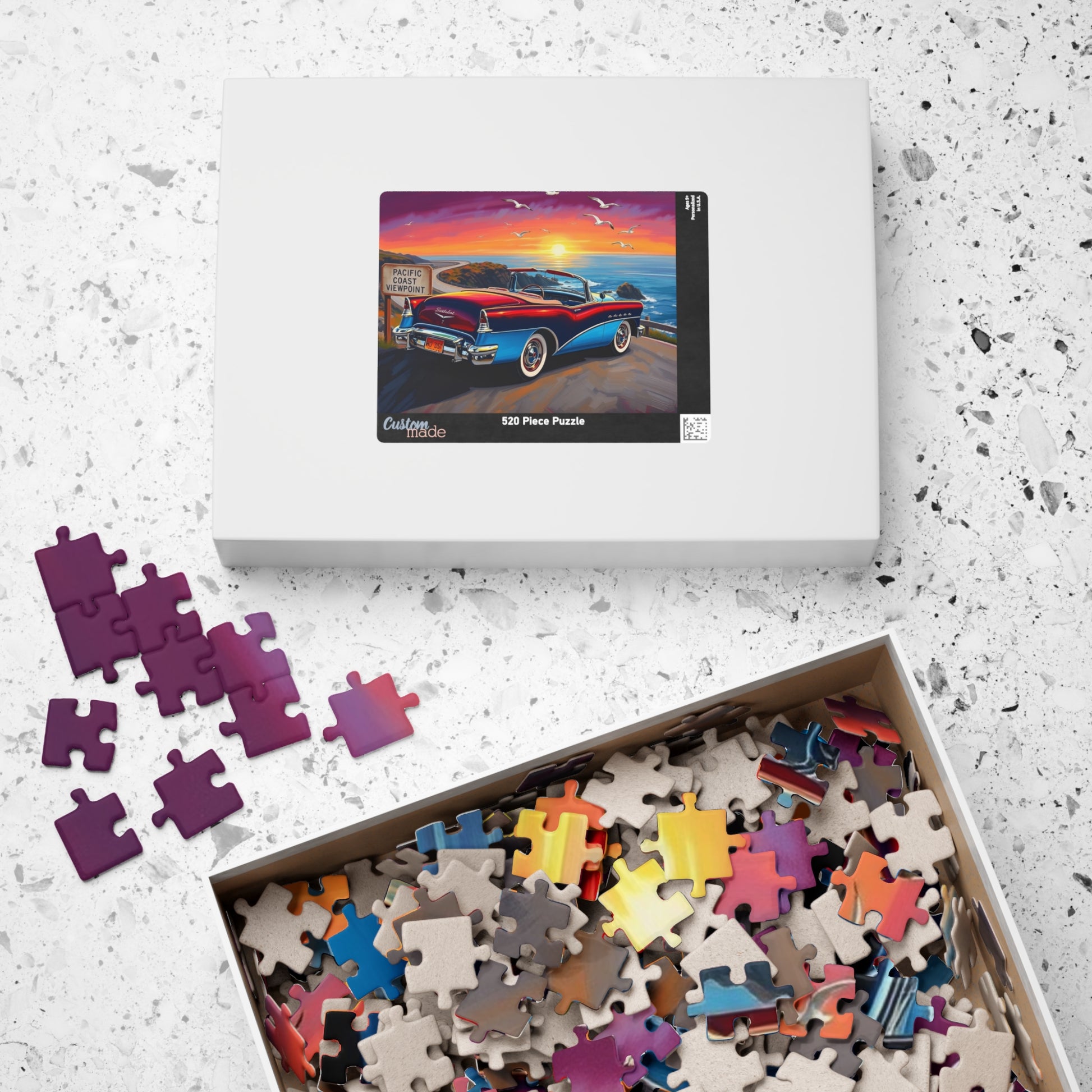 Vintage Car Puzzle, Sky Blue 1953 Convertible, Classic Vehicle at a Scenic California Overlook Puzzle The Puzzle Chest