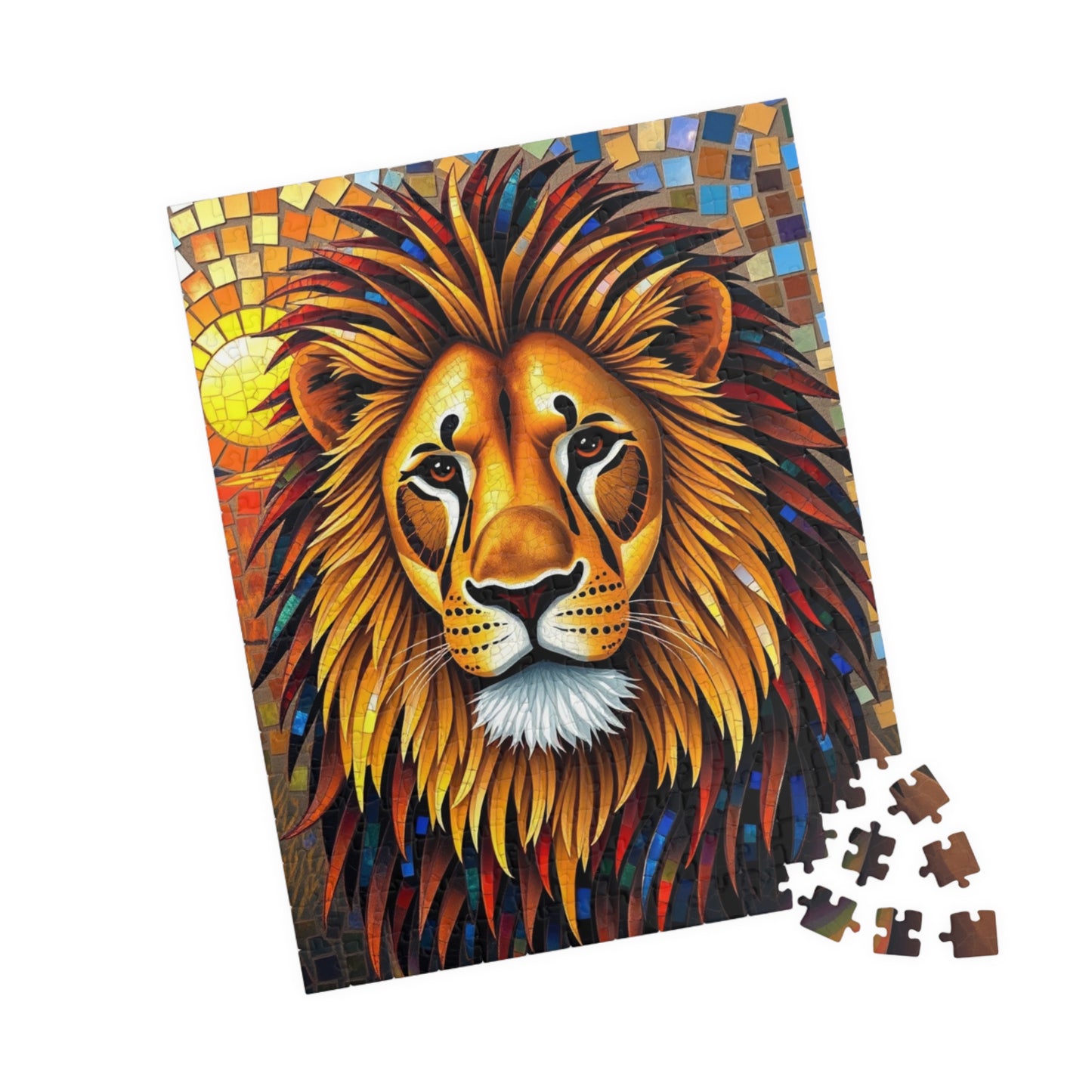 Beautiful Mosaic Lion Jigsaw Puzzle, Majestic Colorful Animal Wildlife Game with Vibrant Savannah Sunset, Animal Lover Art Fan Unique Gift Puzzle The Puzzle Chest