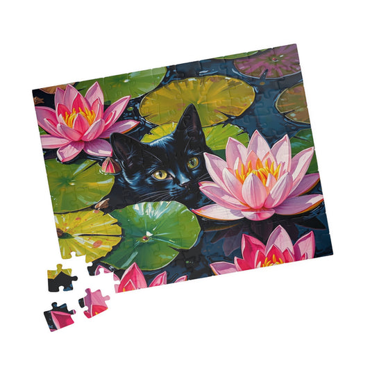 Black Cat Among Water Lilies Puzzle | 110-1014 Piece Animal Jigsaw 110 pcs (Horizontal) Puzzle The Puzzle Chest