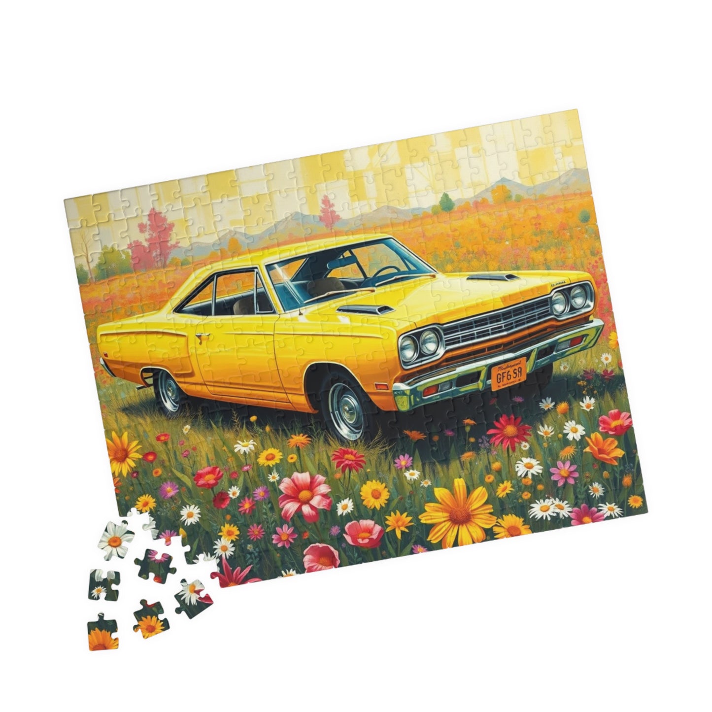 Vintage Car Puzzle Classic Yellow 1969 Road Runner, Nostalgic Auto Jigsaw Game Puzzle The Puzzle Chest