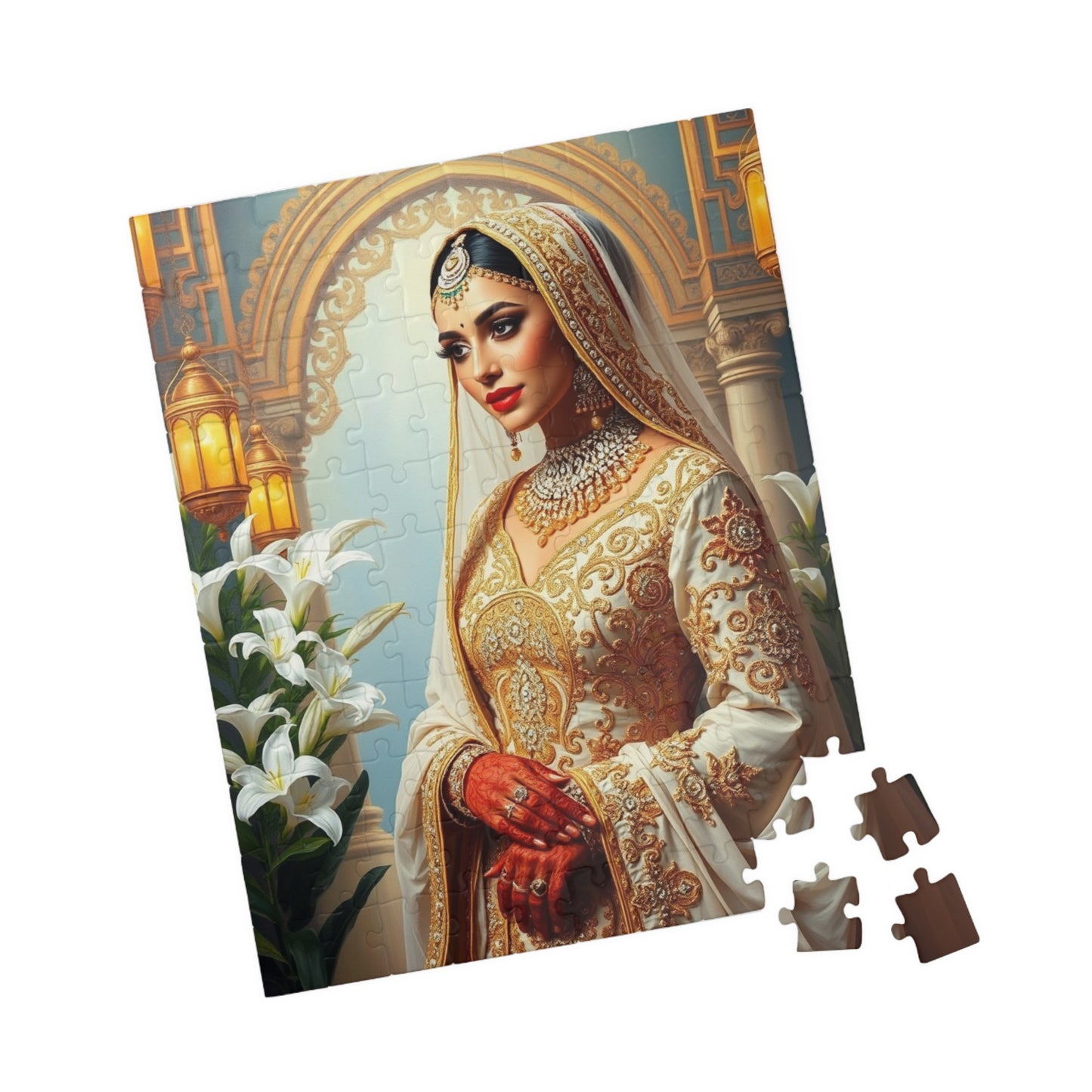 Middle Eastern Bride Puzzle with Gold Ivory Kaftan and Lanterns, Family Friendly Wedding Jigsaw Game, Mindful Activity, Puzzle Lover Gift Puzzle The Puzzle Chest