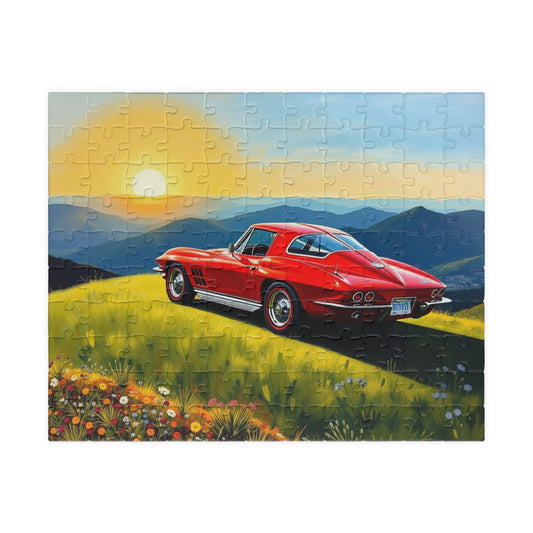 Classic Car Puzzle - Vintage 1963 Stingray, Spring Sunset Scene Jigsaw Game 110 pcs (Horizontal) Puzzle The Puzzle Chest