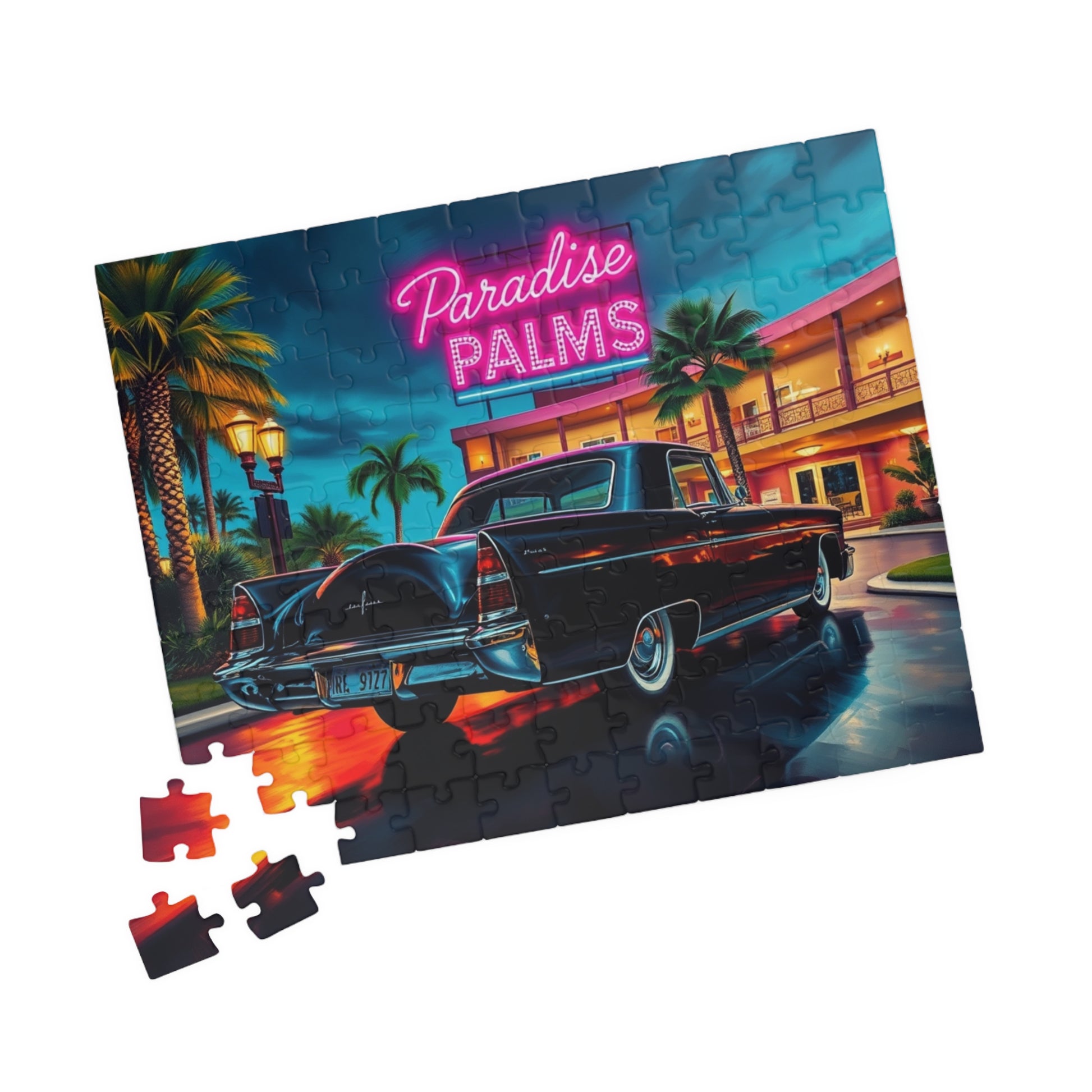 Vintage Car Jigsaw Puzzle - 1956 Continental, Retro Hotel Scene with Classic Vehicle Puzzle The Puzzle Chest