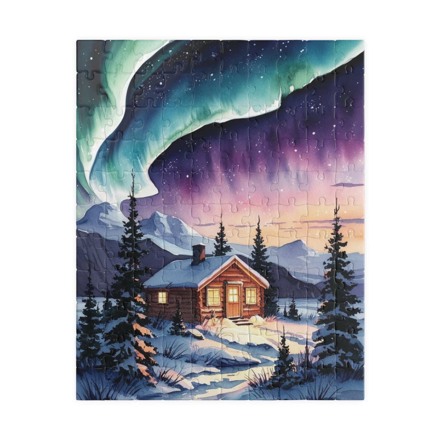 Northern Lights Landscape Puzzle, Aurora Borealis Snowy Cabin Watercolor Jigsaw Game, Hobby, Puzzle Lover Gift, Frameable Art, Relaxation 110 pcs (Vertical) Puzzle The Puzzle Chest
