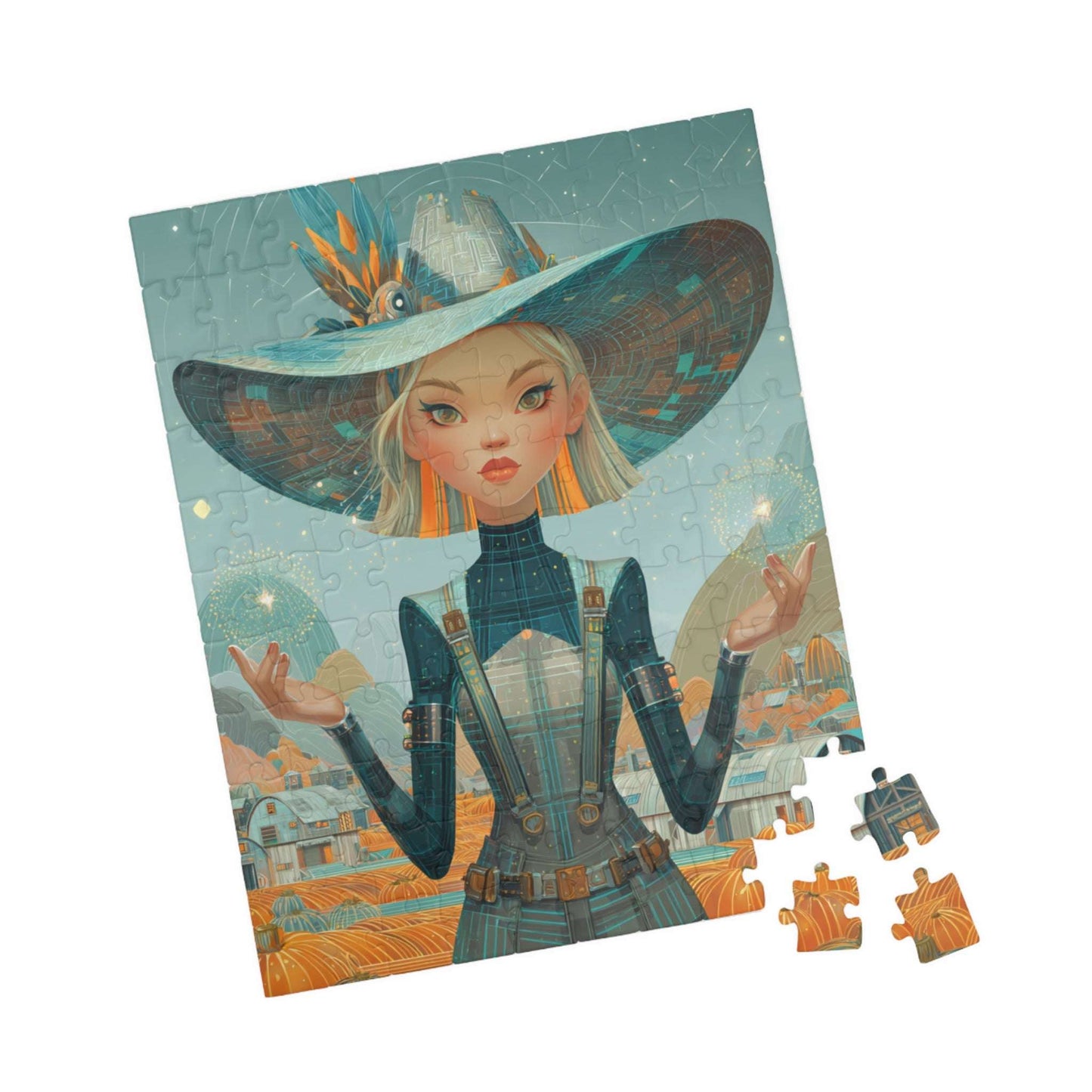 2030s Autumn Cowgirl Jigsaw Puzzle - Futuristic Farm, Fall Themed Gift for Family Fun, Cozy Nights, Thanksgiving, and Home Decor 110 pcs (Vertical) Puzzle The Puzzle Chest