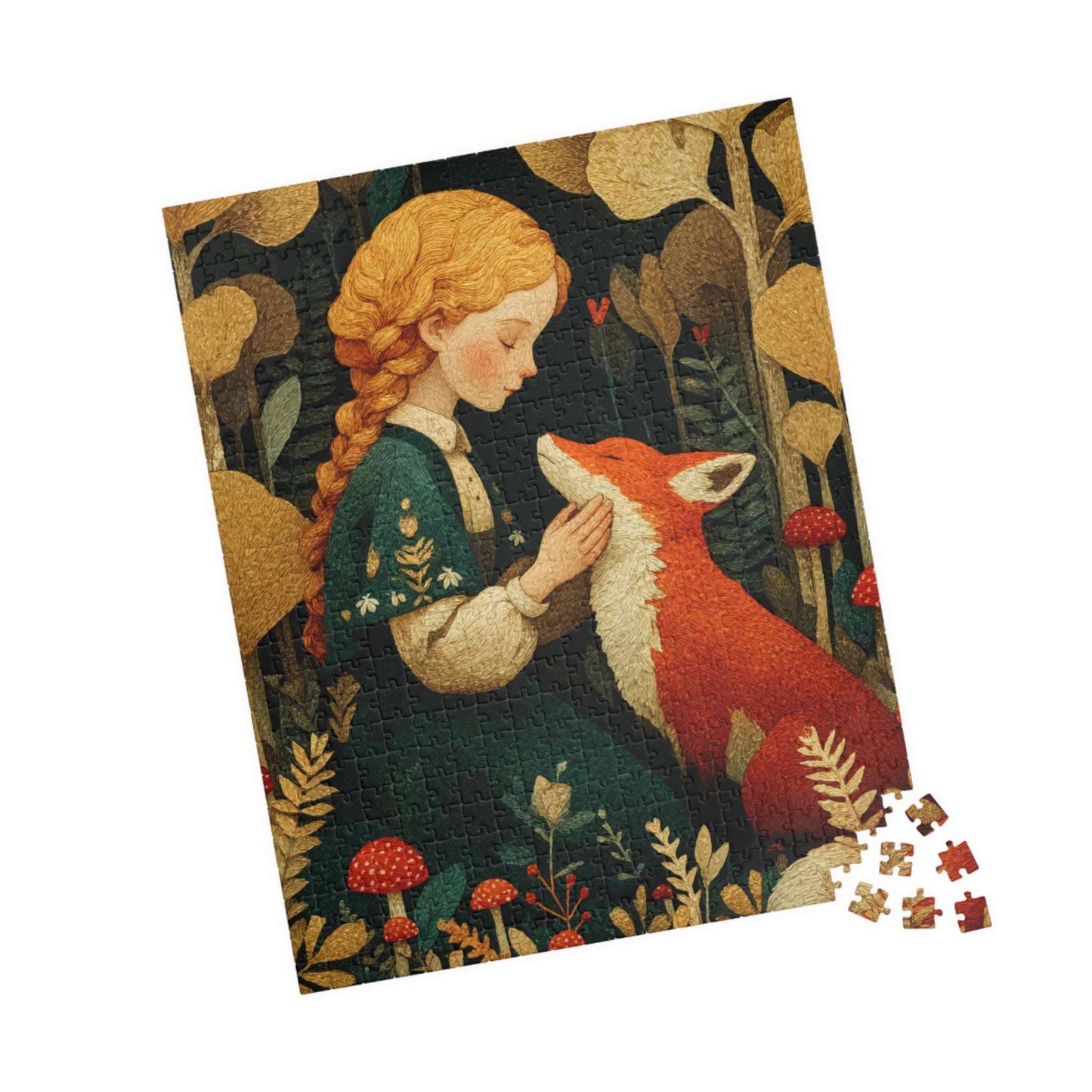 Woodland Clearing Jigsaw Puzzle – Red Fox, Girl in Green Dress, Autumn Forest Scene 520 pcs (Vertical) Puzzle The Puzzle Chest