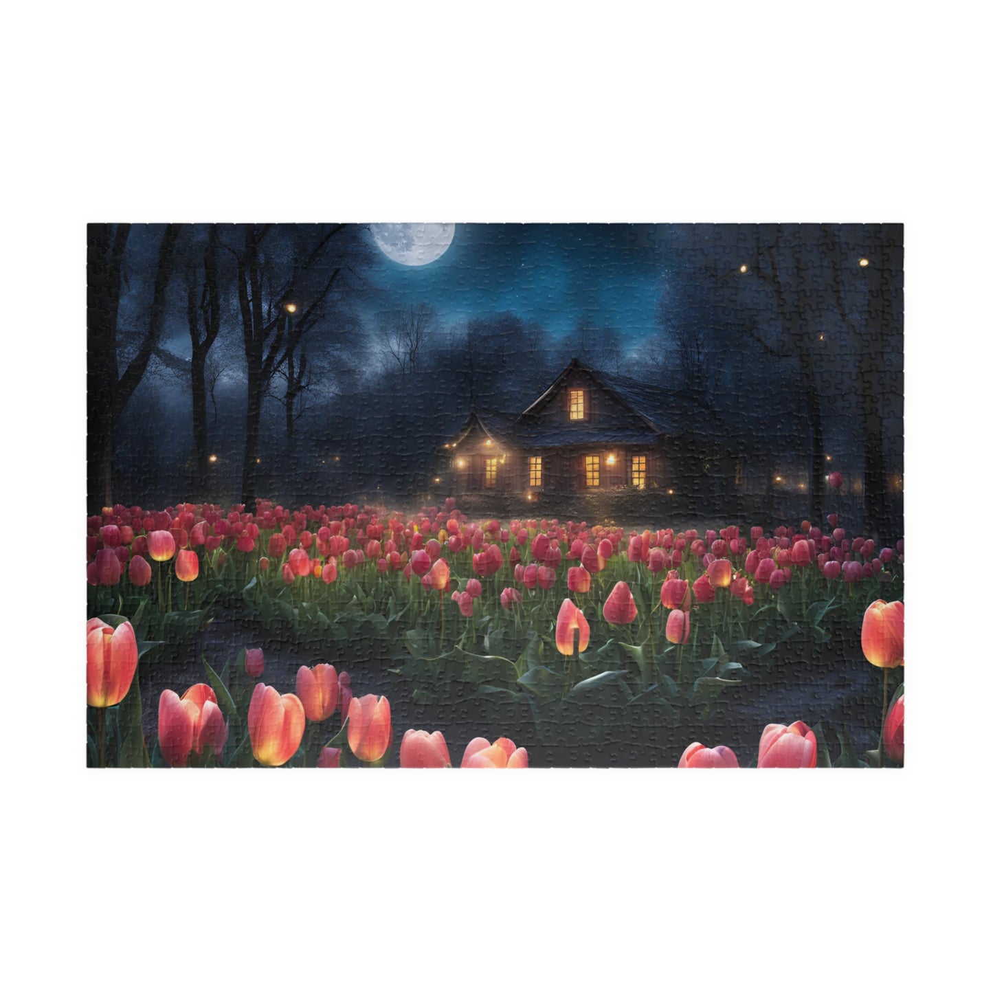 Moonlit Tulip Field Puzzle - Cozy Nighttime Landscape Puzzle, Nostalgic Vibe, Perfect Gift for Puzzle Lover, Fun Family Activity, Relaxation 1014 pcs (Horizontal) Puzzle The Puzzle Chest