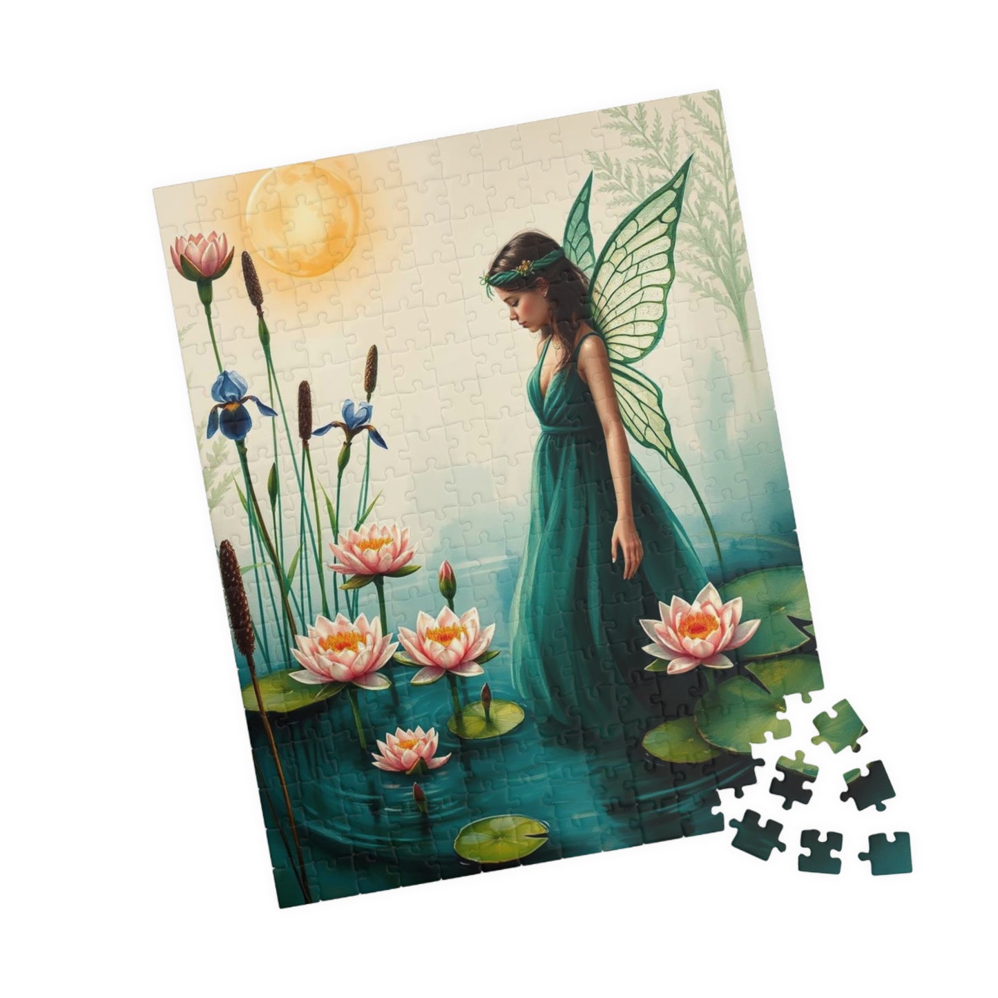 Fairy at the Lily Pond Jigsaw Puzzle - Botanical Fantasy Art in Soft Sage, 110-1014 Piece Mystical Nature Lover Gift, Family Fun Activity