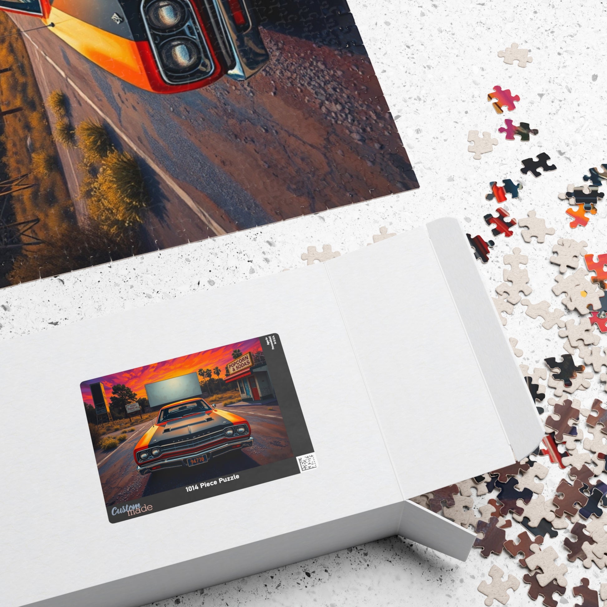 Vintage Car Puzzle, Orange 1969 Road Runner, Sunset Classic Vehicle Scene Nostalgic Drive-In Background Puzzle The Puzzle Chest