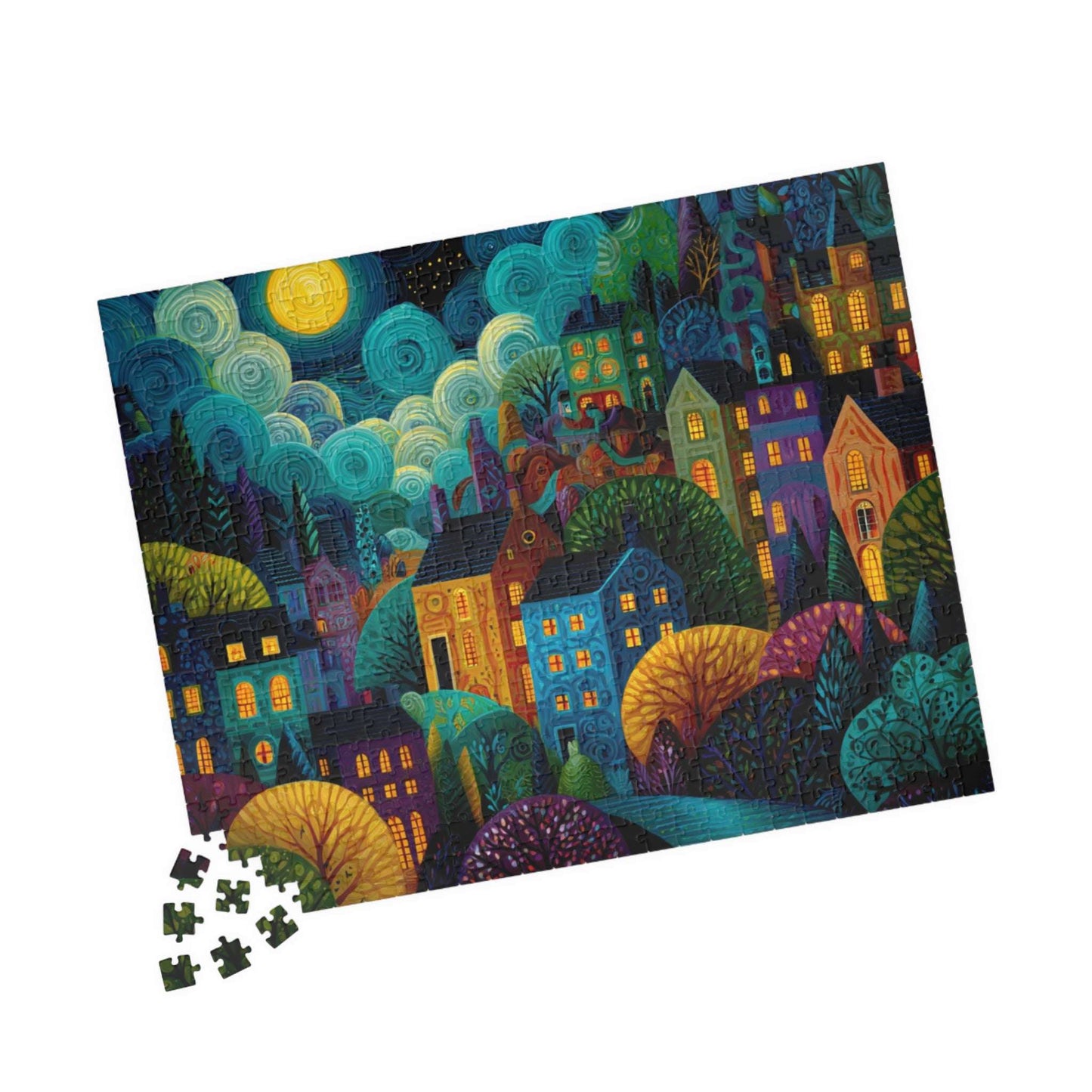 Whimsical Nighttime Village Puzzle - Fairytale Landscape with Colorful Houses, Glowing Windows, and Moonlit Sky 520 pcs (Horizontal) Puzzle The Puzzle Chest