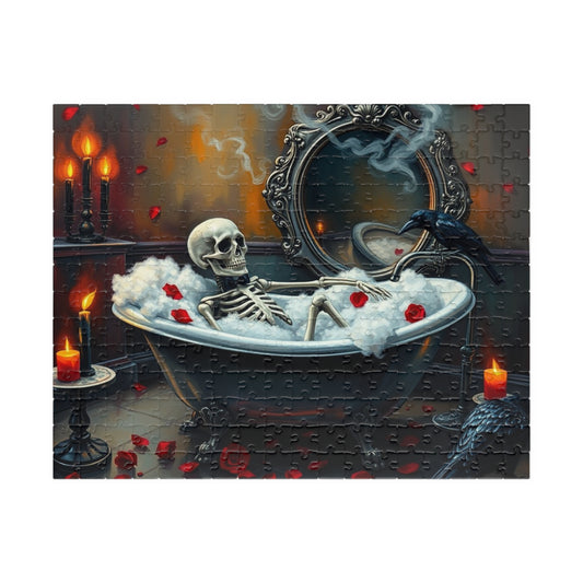 Creepy Cute Skeleton Bubblebath Puzzle, Skeleton Relaxing in Clawfoot Tub with Raven and Roses, Halloween Jigsaw for Spooky Puzzle Lovers 252 pcs (Horizontal) Puzzle The Puzzle Chest