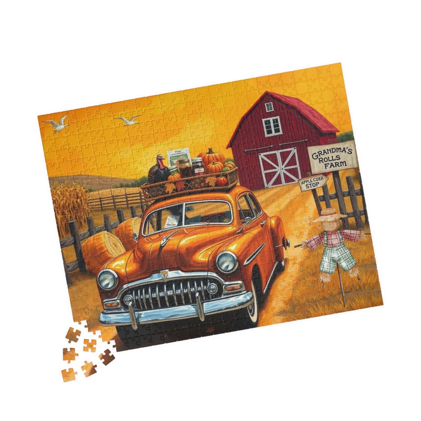 Autumn Farm Vintage Car Puzzle - 110, 252, 520, 1014-piece, Family Game, Fall Holiday Birthday Gift for Car Lovers, Puzzle Enthusiasts
