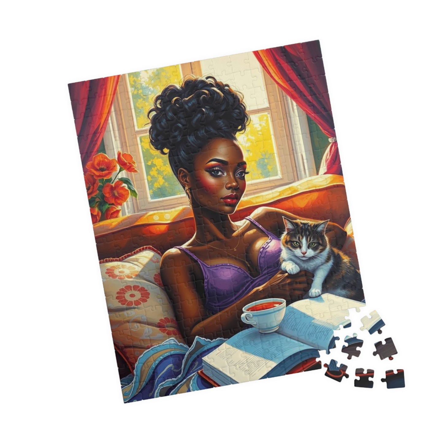 Cozy Day Jigsaw Puzzle, Black Woman and Cat, Black Woman Art, Home Entertainment, African American Gift for Cat Lovers, Mindfulness Activity Puzzle The Puzzle Chest