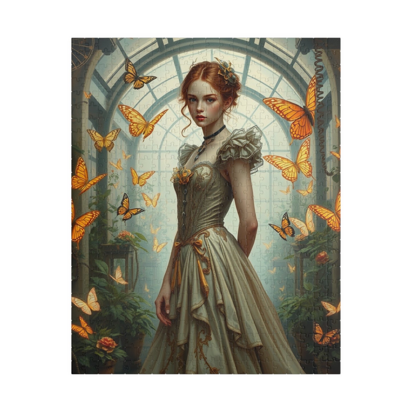 Puzzle, Steampunk Woman Futuristic Greenhouse Mechanical Butterflies Plants, 110 252 520 1014-Piece, Family Jigsaw Game Activity, Giftable 520 pcs (Vertical) Puzzle The Puzzle Chest