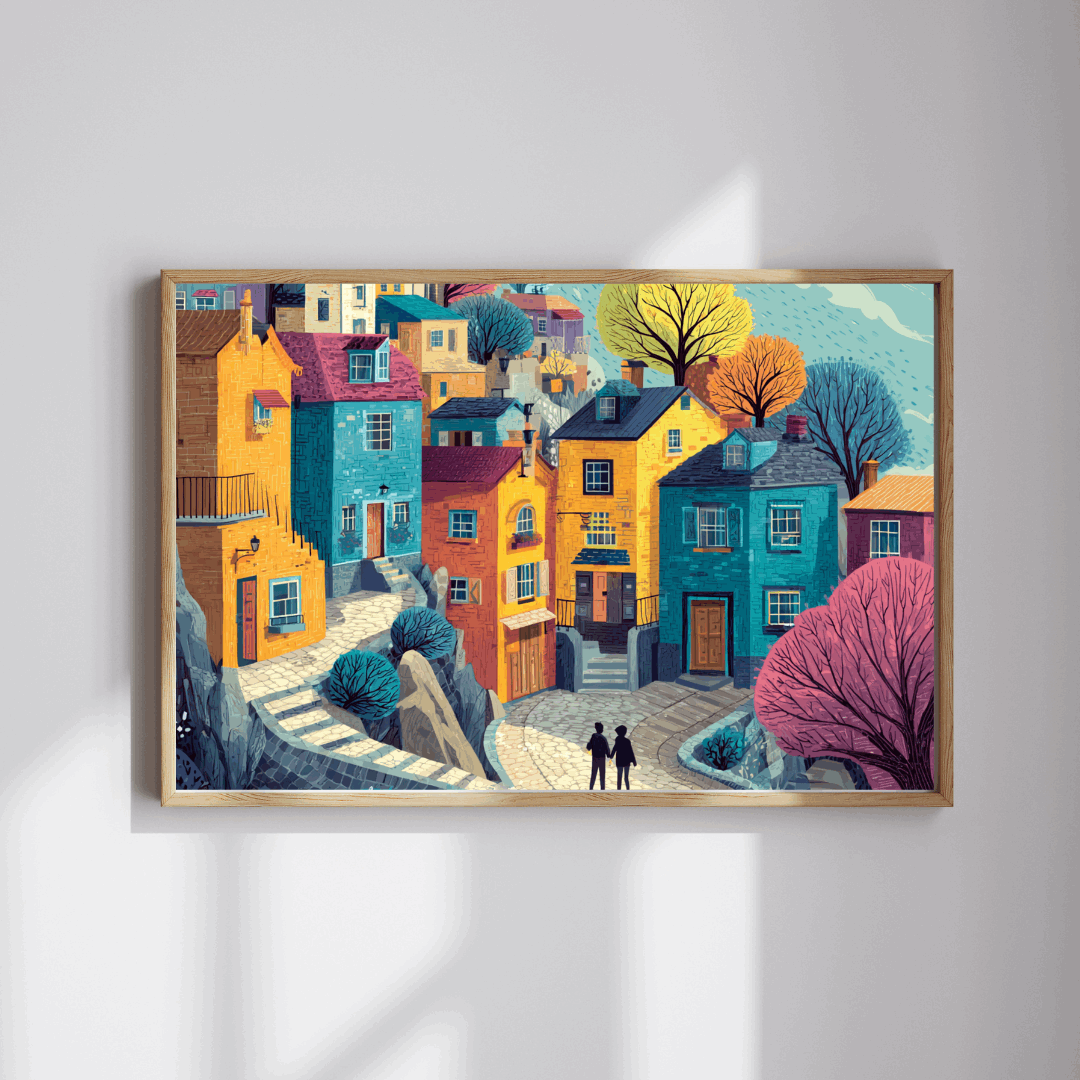 Bright Cheerful Town Jigsaw Puzzle – Artistic Houses, Winding Path, and Whimsical Neighborhood Landscape Puzzle The Puzzle Chest