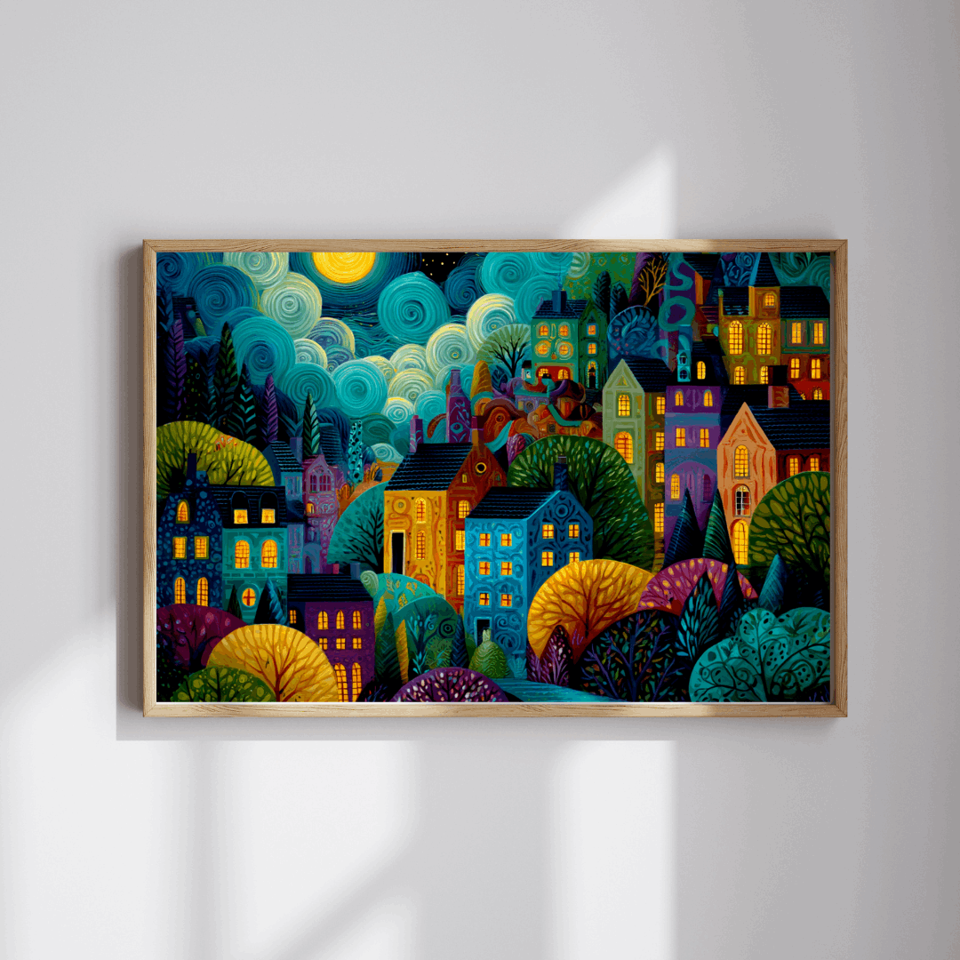 Whimsical Nighttime Village Puzzle - Fairytale Landscape with Colorful Houses, Glowing Windows, and Moonlit Sky Puzzle The Puzzle Chest
