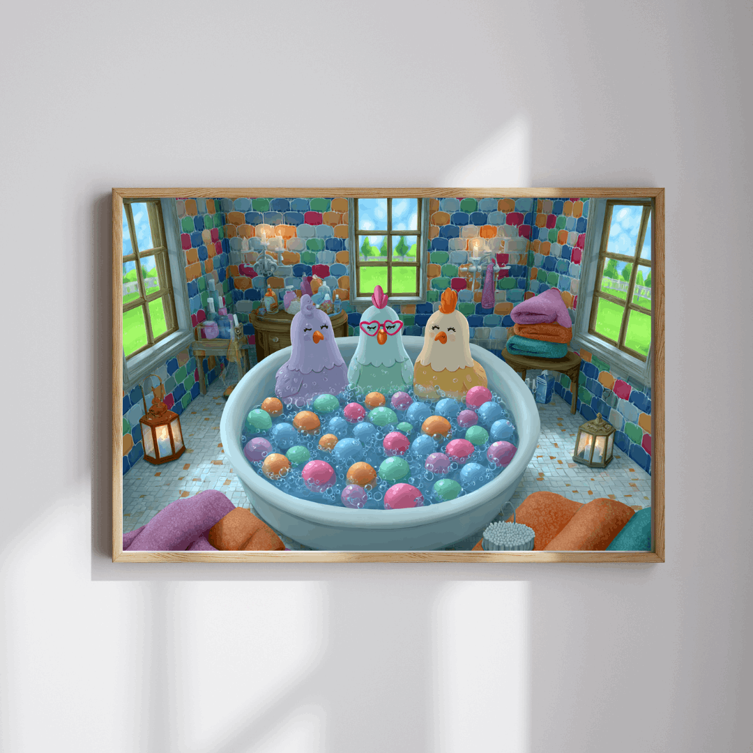 Pastel Chicken Bathhouse Jigsaw Puzzle – Adorable Fairy Tale Chickens Soaking in Rainbow Bubble Tub Puzzle The Puzzle Chest