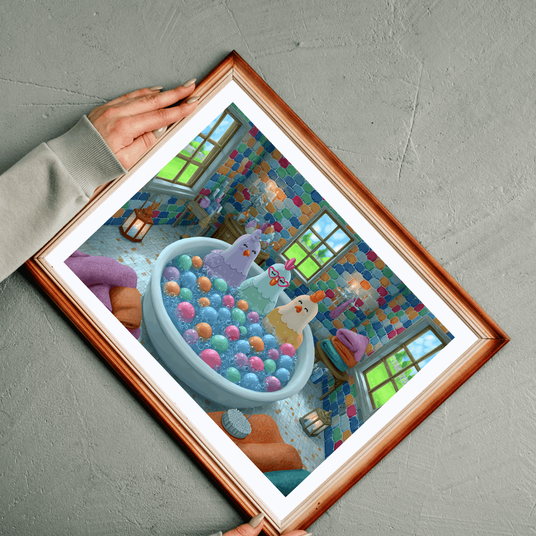 Pastel Chicken Bathhouse Jigsaw Puzzle – Adorable Fairy Tale Chickens Soaking in Rainbow Bubble Tub Puzzle The Puzzle Chest
