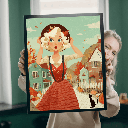1950s Autumn Cowgirl Jigsaw Puzzle - Retro Neighborhood, Cartoon-Style Illustration for Vintage Fall Decor, Family Activity, Gifts Puzzle The Puzzle Chest