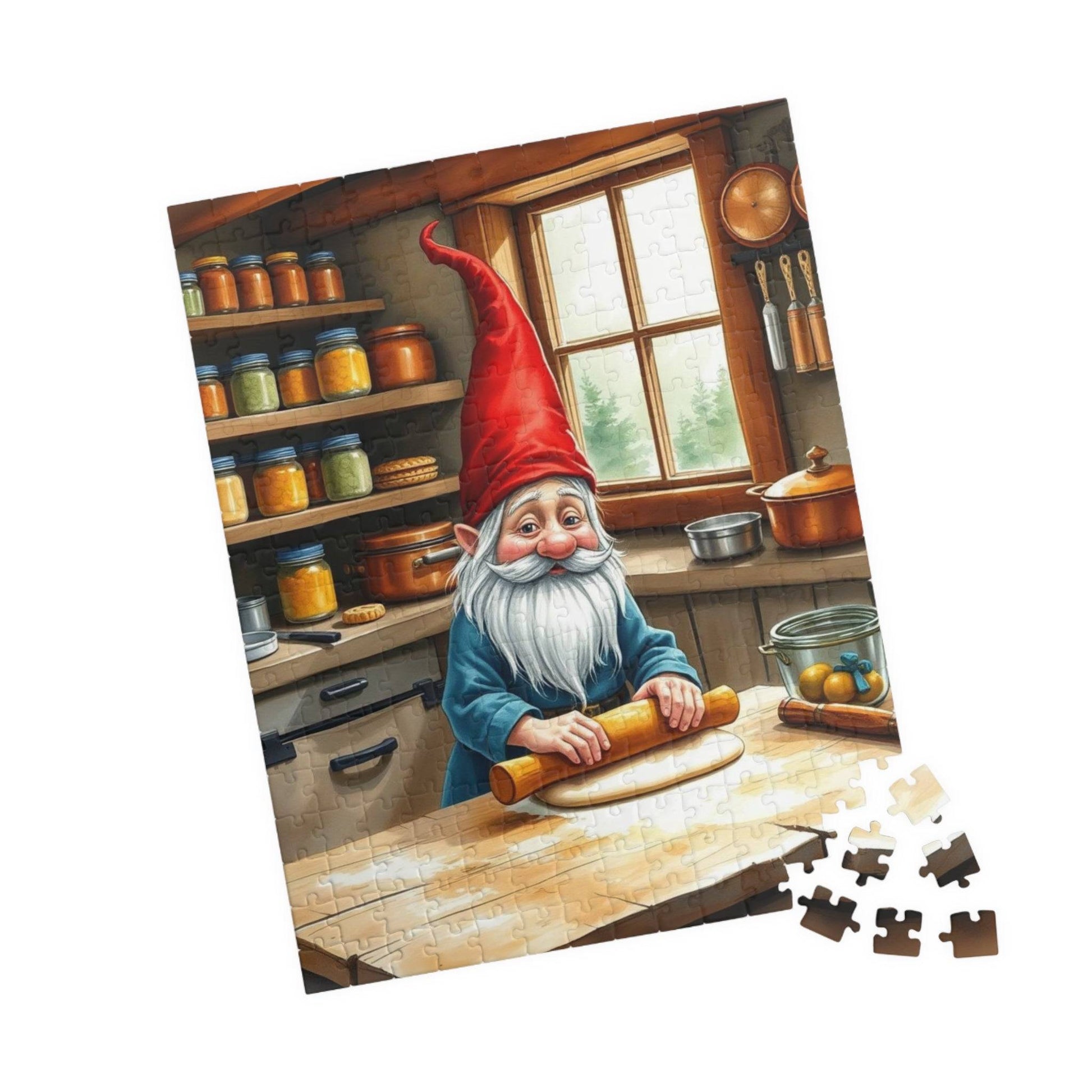 Gnome Rolling Dough in Cottagecore Kitchen – Dwarf Storybook Baking Jigsaw Puzzle 252 pcs (Vertical) Puzzle The Puzzle Chest