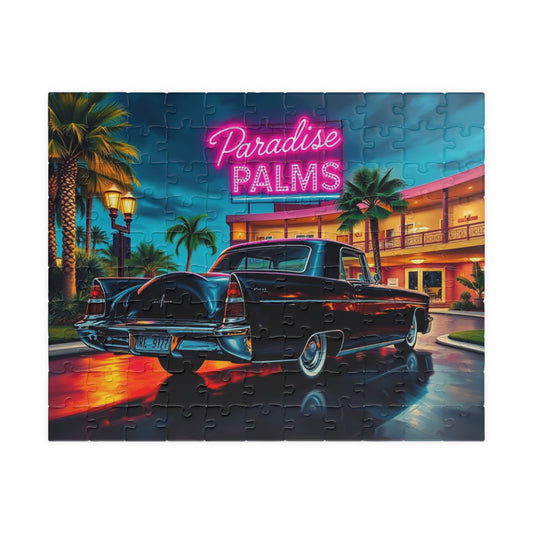 Vintage Car Jigsaw Puzzle, Black 1956 Lincoln Continental, Retro Hotel Scene with Classic Vehicle, Ideal Gift for Him, Family Game Nights 110 pcs (Horizontal) Puzzle The Puzzle Chest