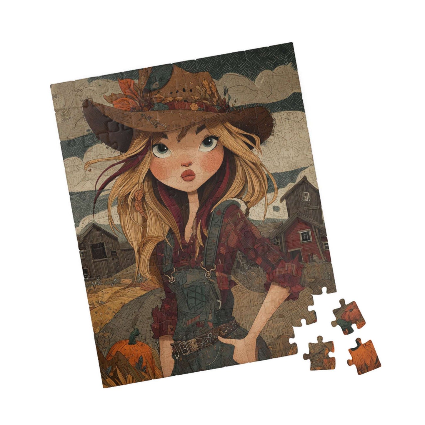 1990s Autumn Cowgirl Jigsaw Puzzle - Grunge Patchwork, Retro Cartoon-Style Illustration Farm Scene 110 pcs (Vertical) Puzzle The Puzzle Chest
