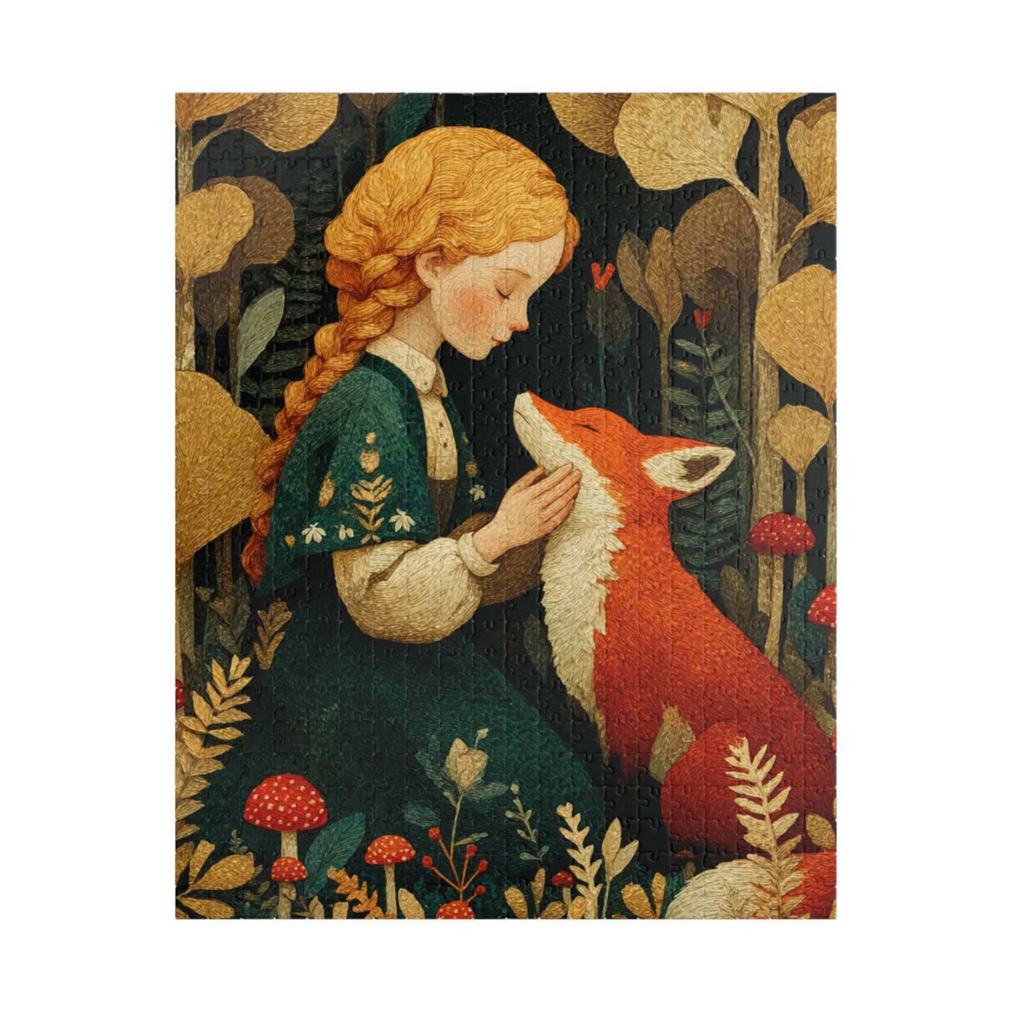 Woodland Clearing Jigsaw Puzzle – Red Fox, Girl in Green Dress, Autumn Forest Scene Puzzle The Puzzle Chest