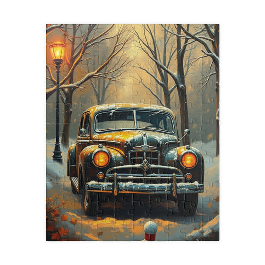 Vintage Car Jigsaw Puzzle Winter Scene, 110 252 520 1014-piece, Christmas Gift, Holiday Activity, Snowy Day Activity, Car Lover Gift, Retro 110 pcs (Vertical) Puzzle The Puzzle Chest